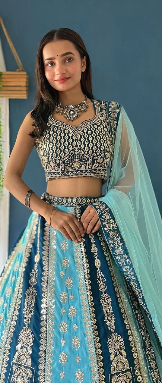 BLUE FAUX GEORGEET WITH EMBROIDERY SEQUENCE ZARI DESIGN WORK LEHENGA - INSPIRED | Ready To Wear - qivii