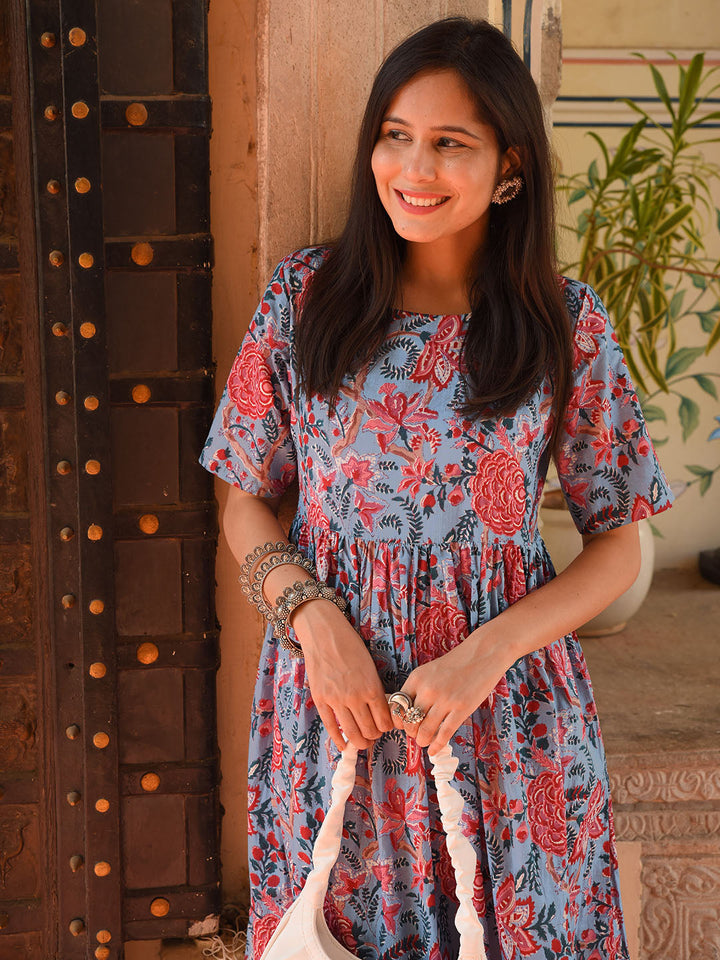 Blue Cotton Floral Print Flared Western Dress  - By Janasya