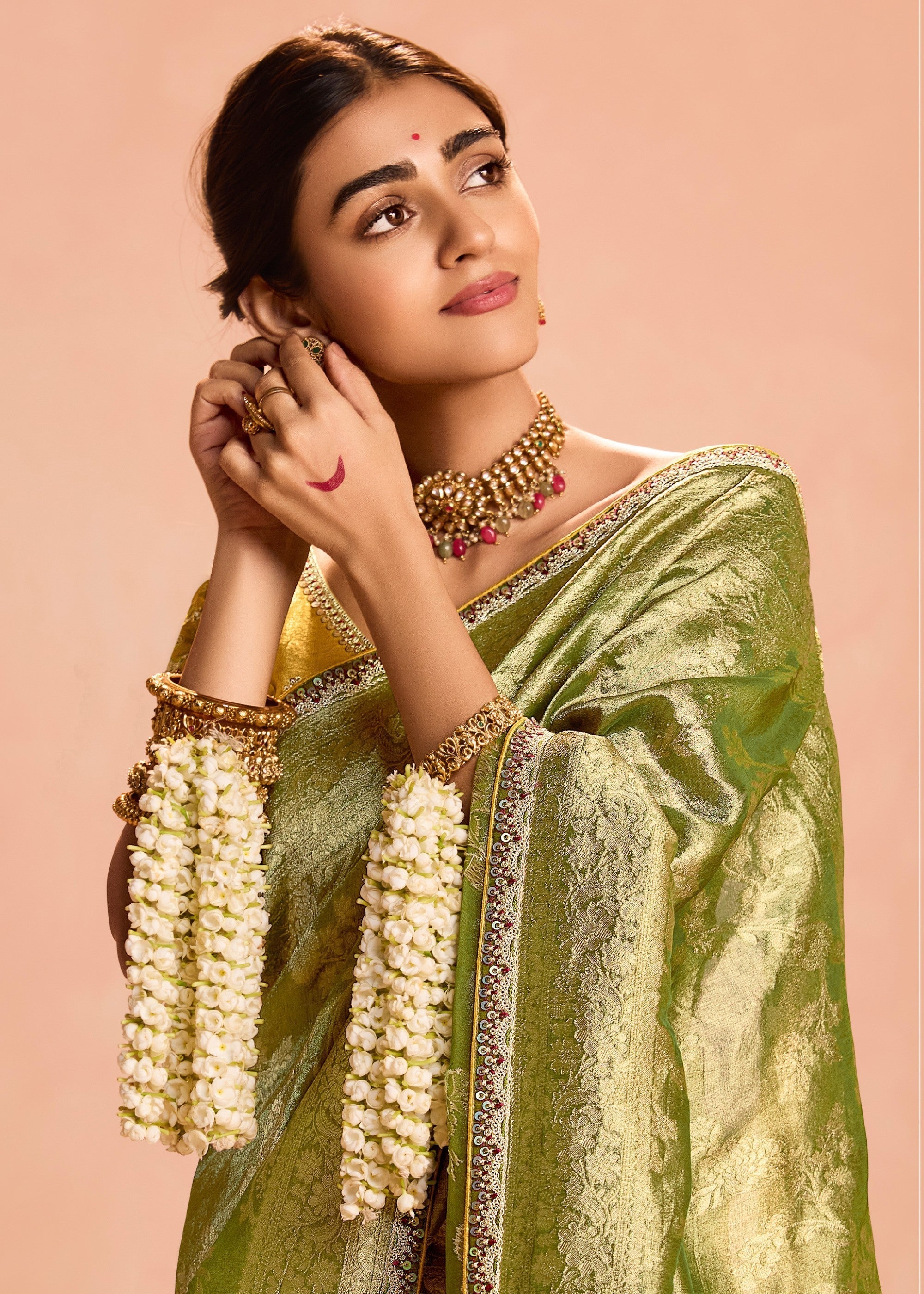 Lime Green Zari Tissue Silk Saree With Weaving Work And Heavy Embroidery Lace - qivii