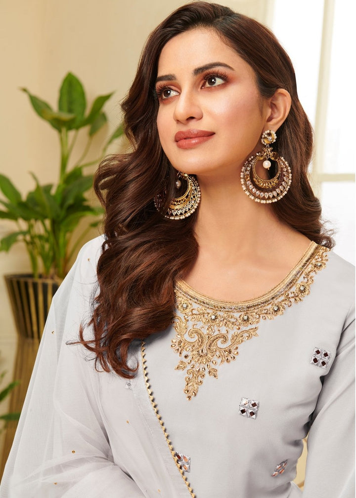 Cloud Grey Georgette Sharara Suit with Gota work & Embroidery By Qivii