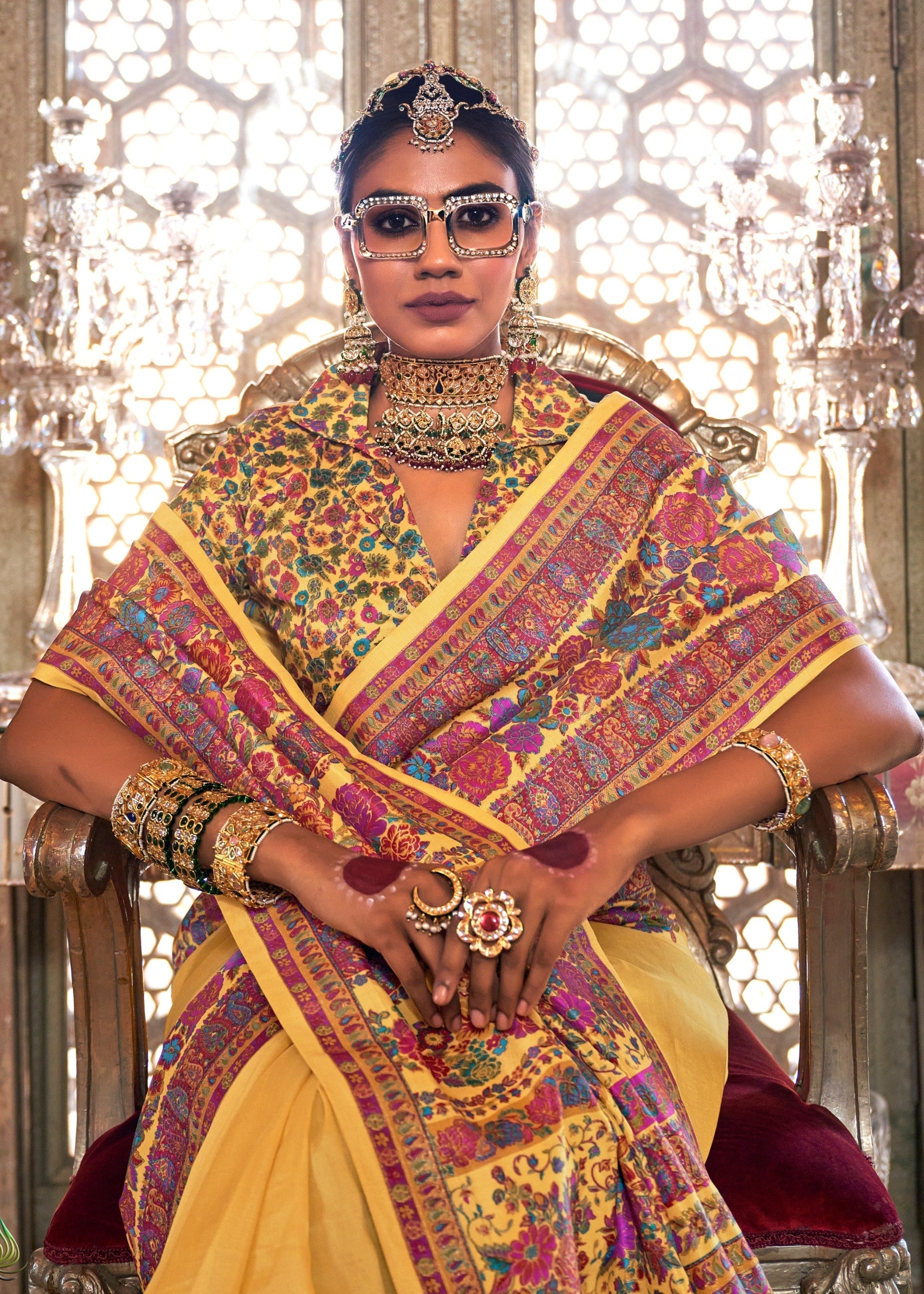 Sunflower Yellow Silk Saree With Luxury Print And Glory Finish - qivii