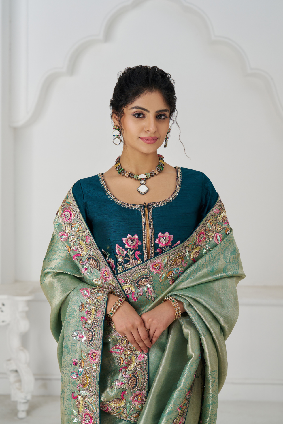 Trending Reception Green Color Saree With Multi-thread Embroidery - qivii