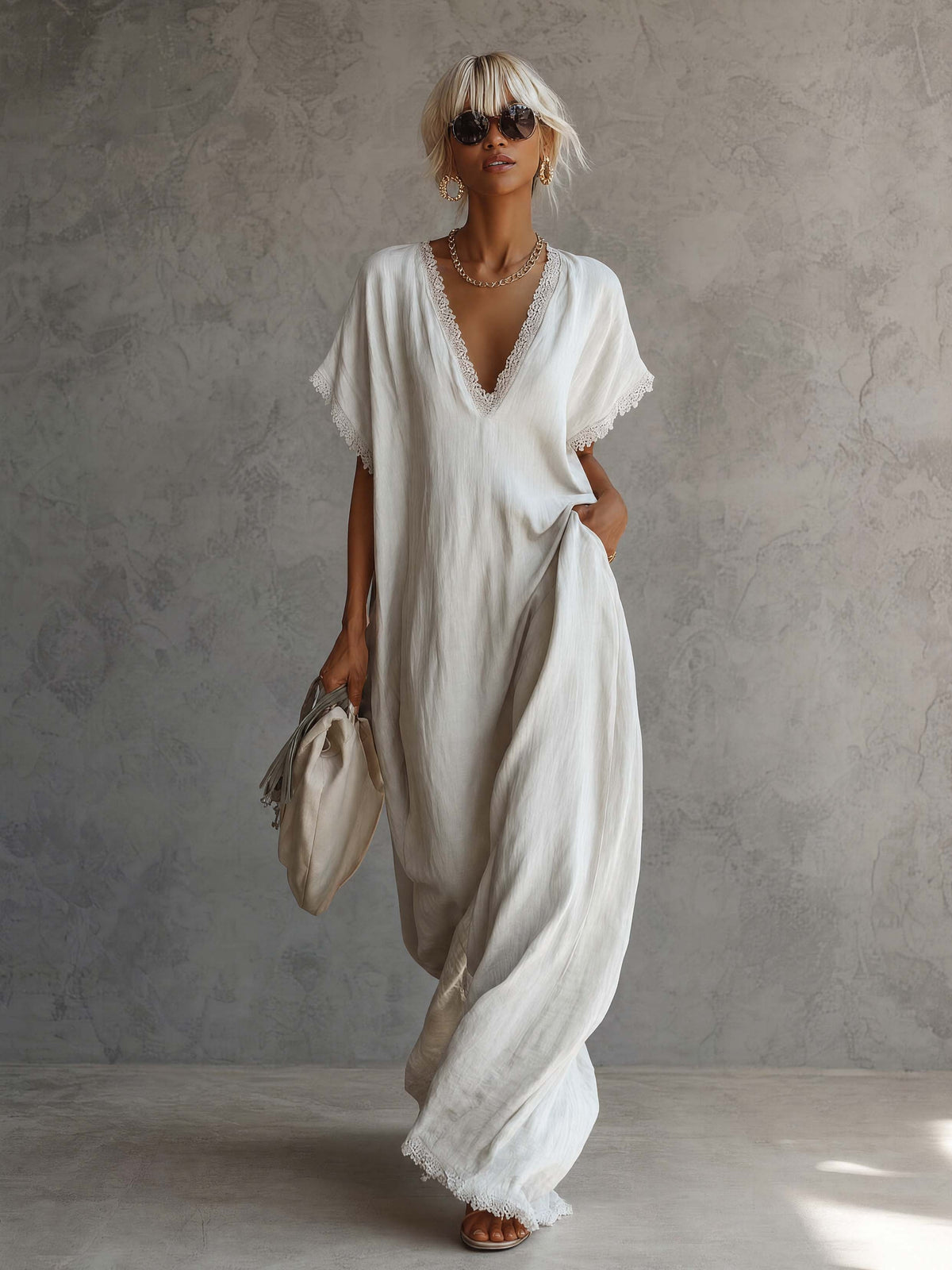 Casual Bohemian Urban V-neck Short-sleeved Lace Trim White Cotton Maxi Dress  - By Qivii