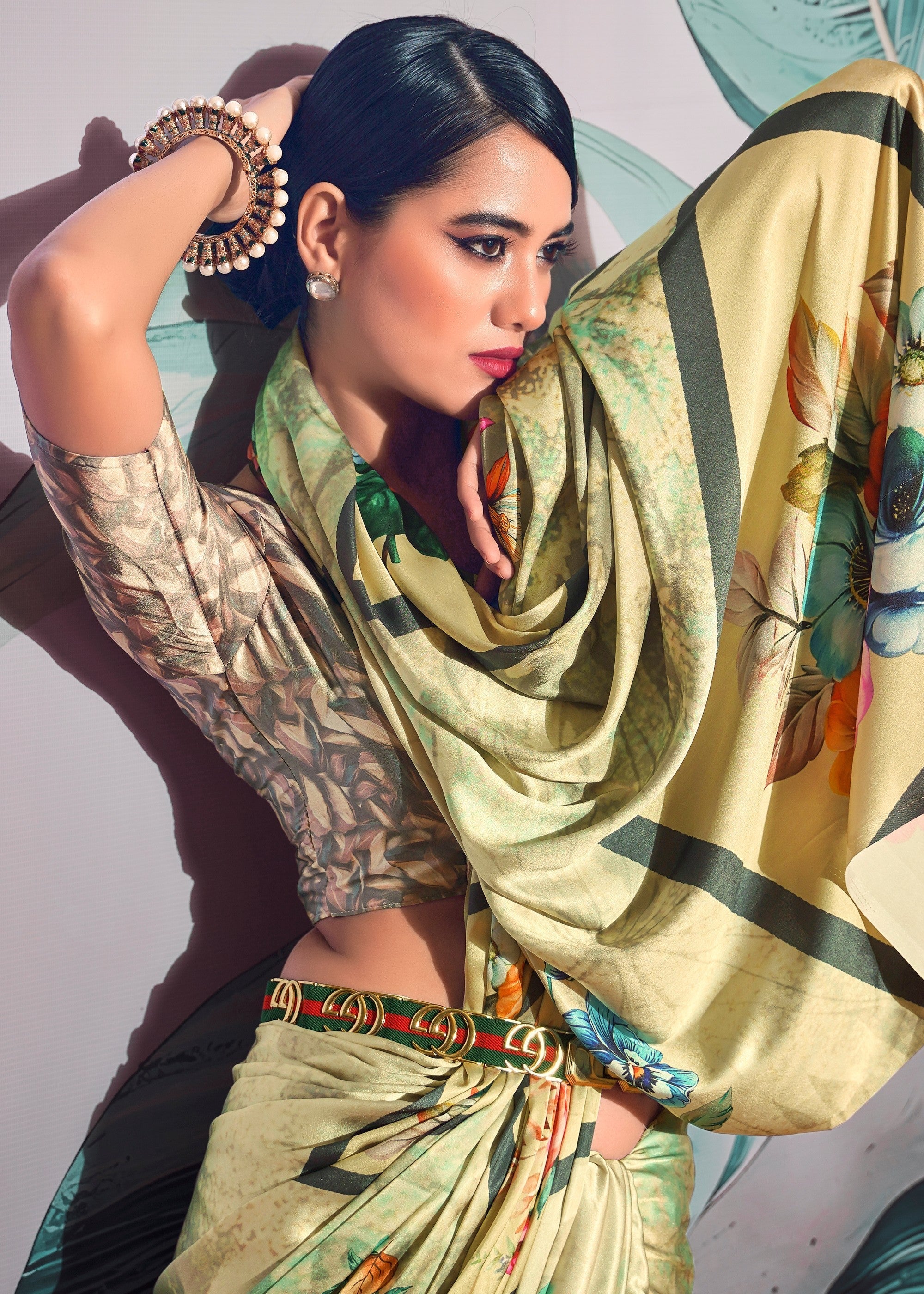 Light Green Satin Crepe With Digital print - qivii