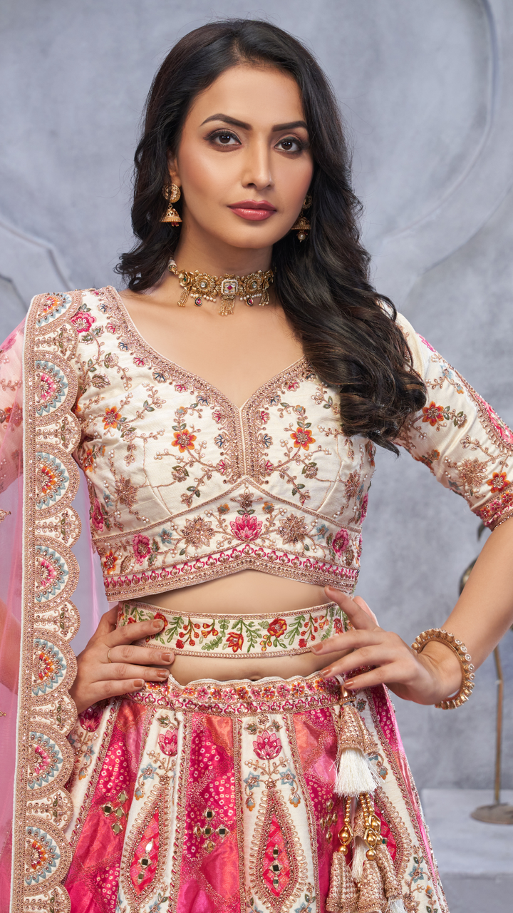 Ivory Bridal Lehenga with Temple Motifs, Peacock Designs & Bandhej Jacquard Patches Lehenga Choli