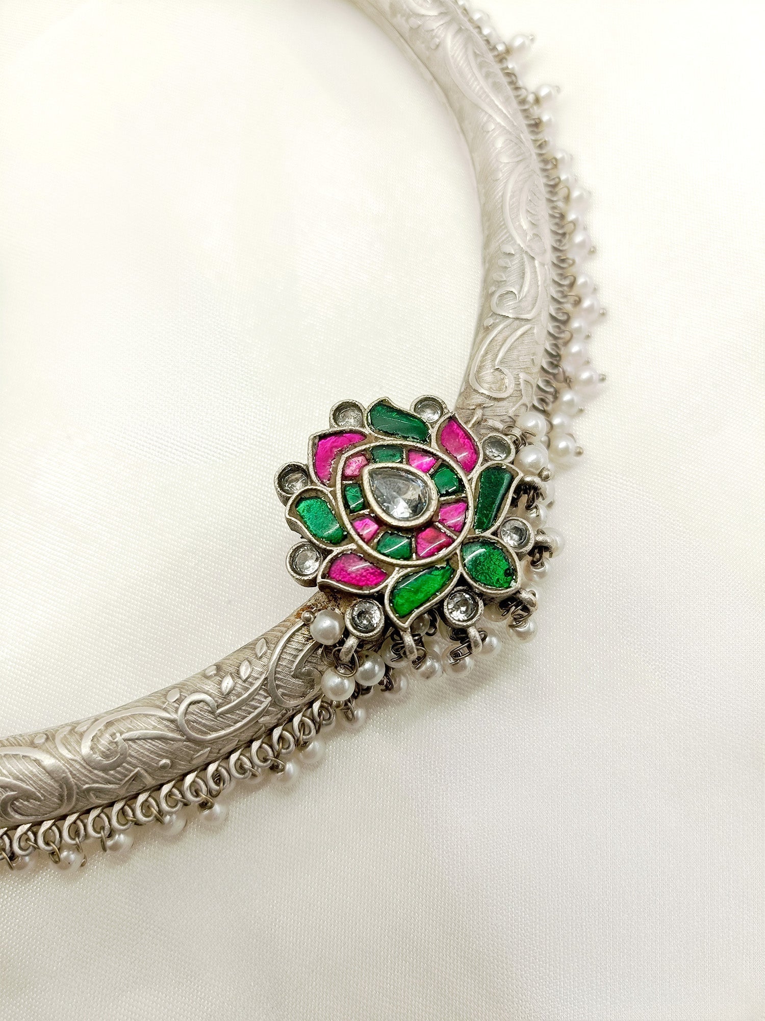 Swastika M & G Lotus Flower Oxidized Neckpiece - qivii