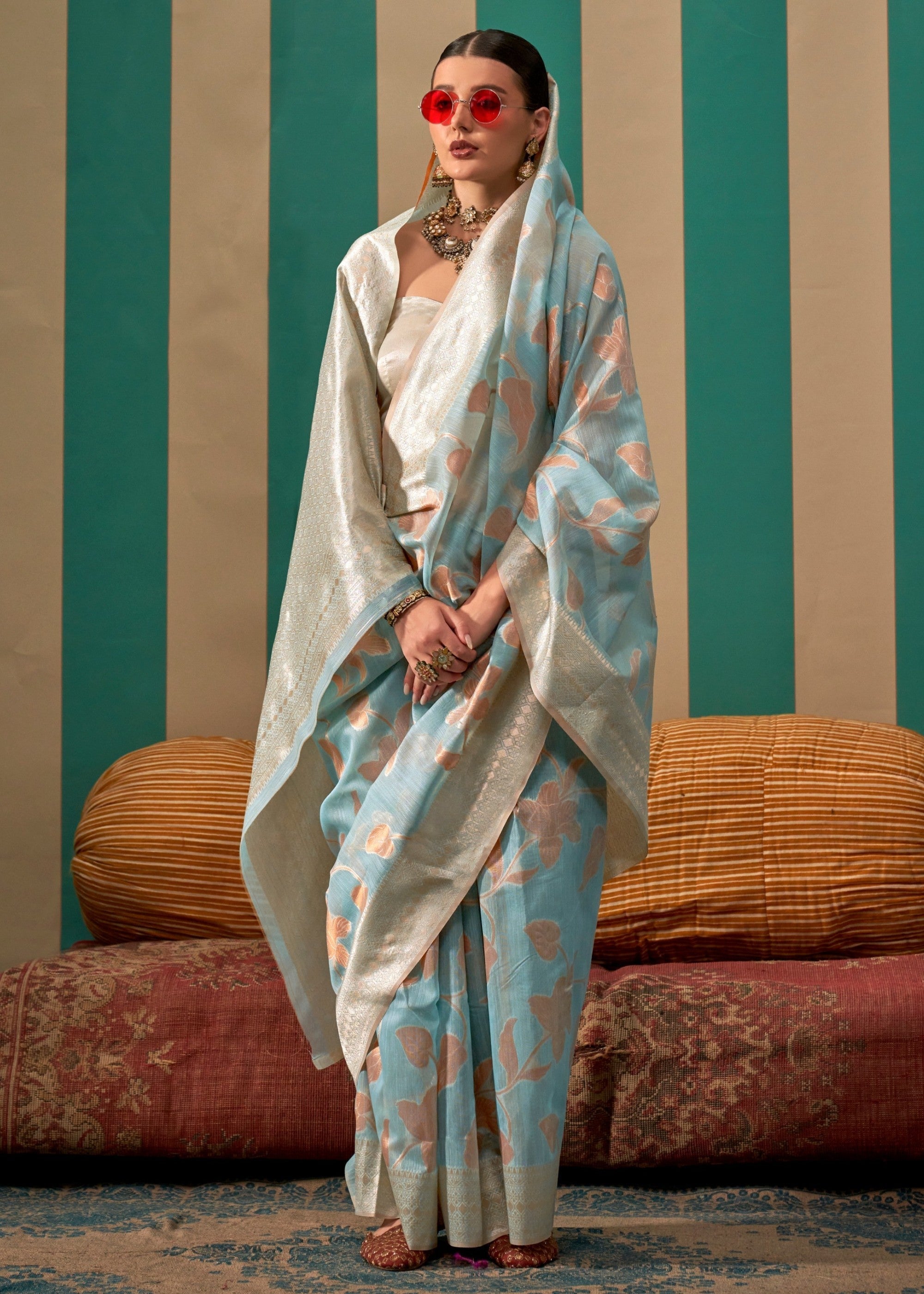 Light Blue Handloom Weaving Linen Saree - qivii