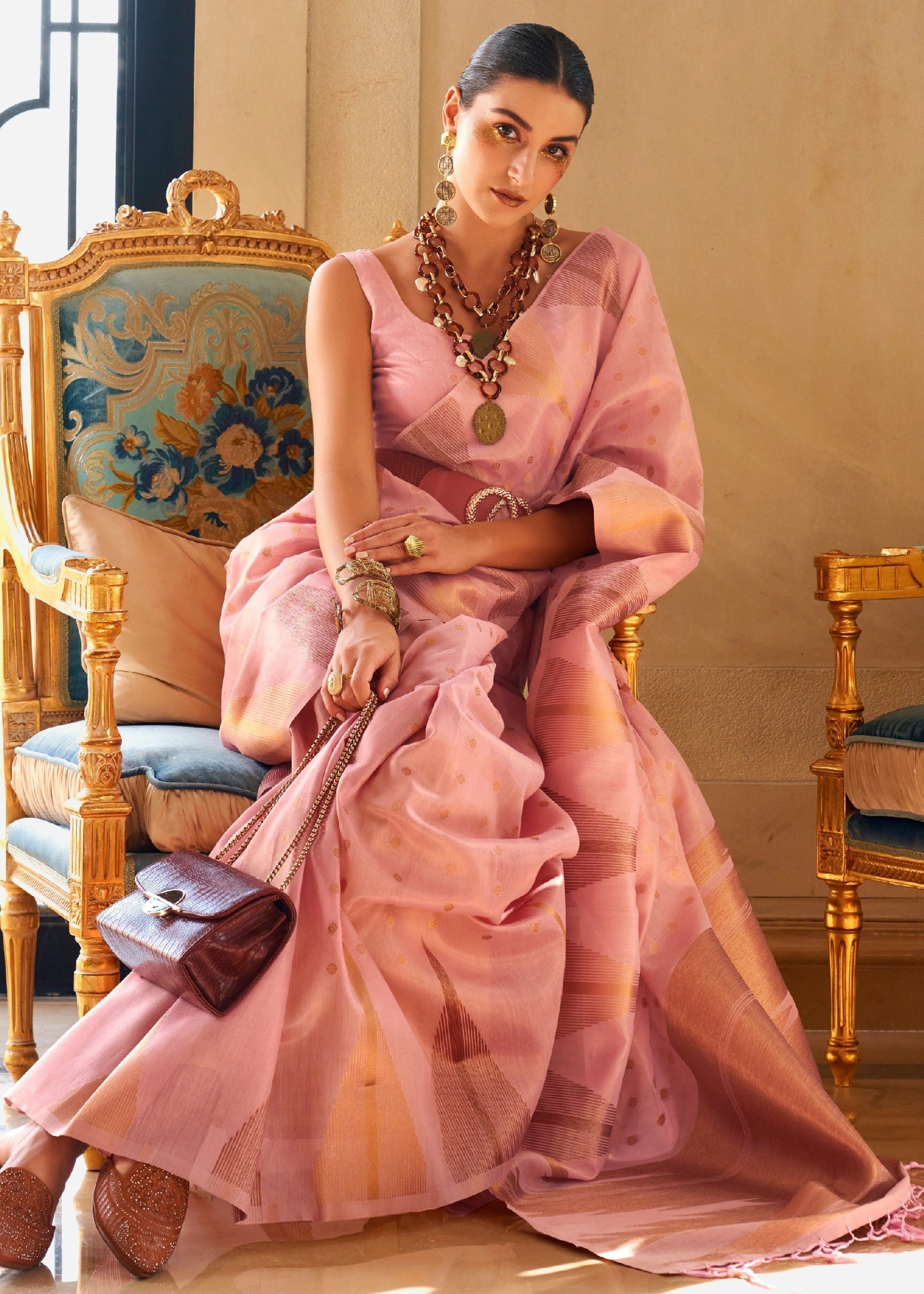 Carnation Pink Tissue and Khicha Zari Handloom Weaving Silk Saree - qivii