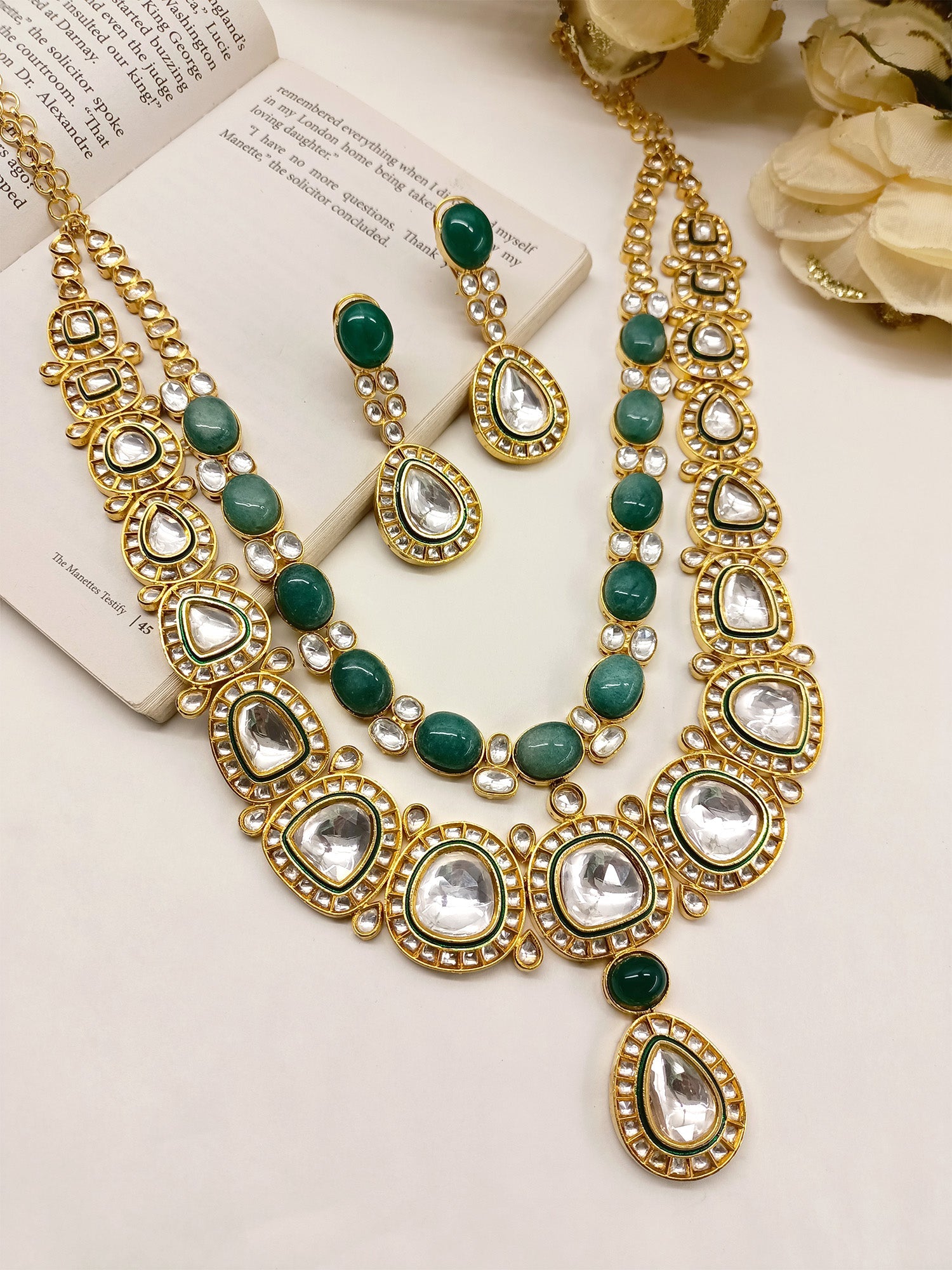 Zinnia Green Kundan Long Set - qivii
