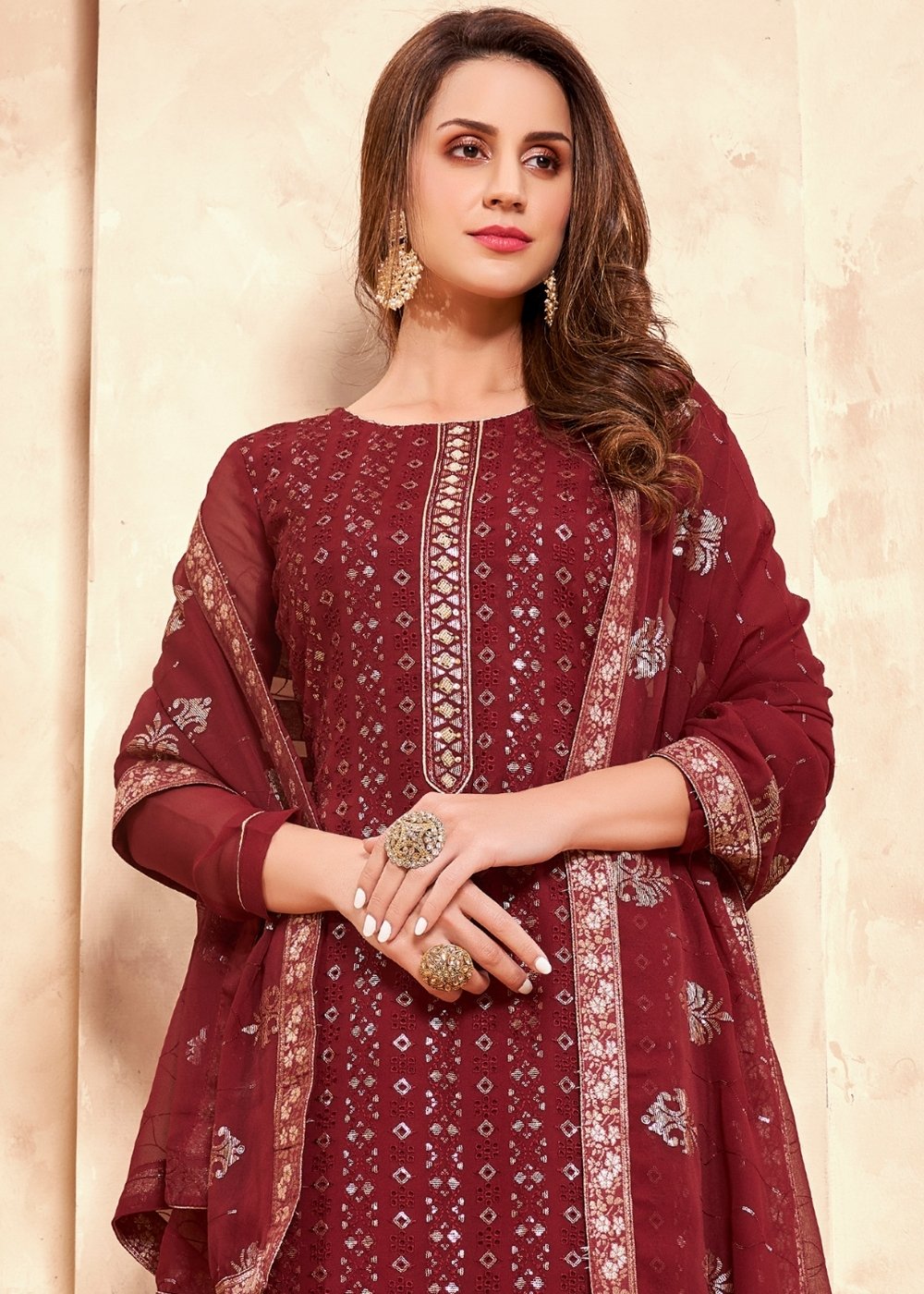 Maroon Red Georgette Salwar Suit with Thread & Sequence Embroidery work By Qivii