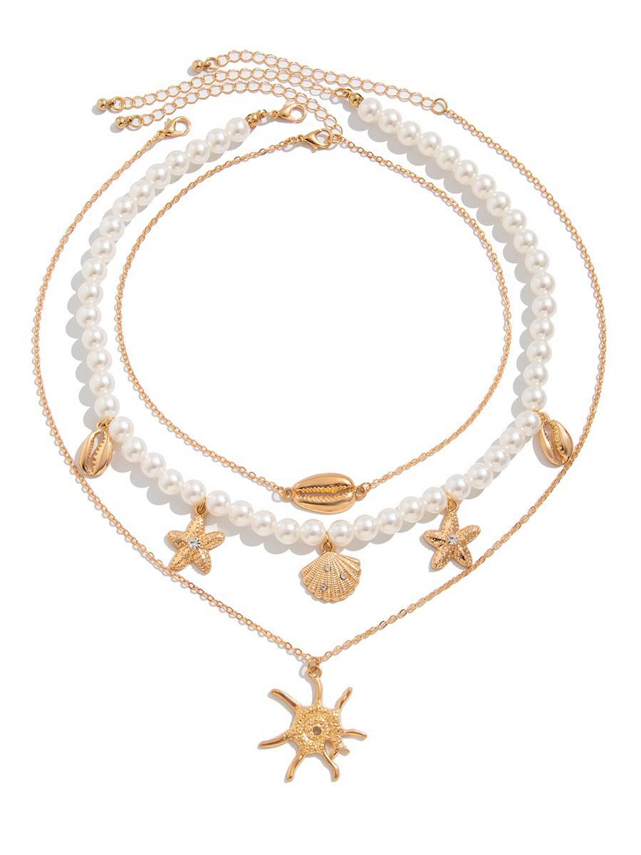 Bohemian Imitation Pearl Holiday Style Retro Starfish Shell Pendant Necklace Set  - By Qivii