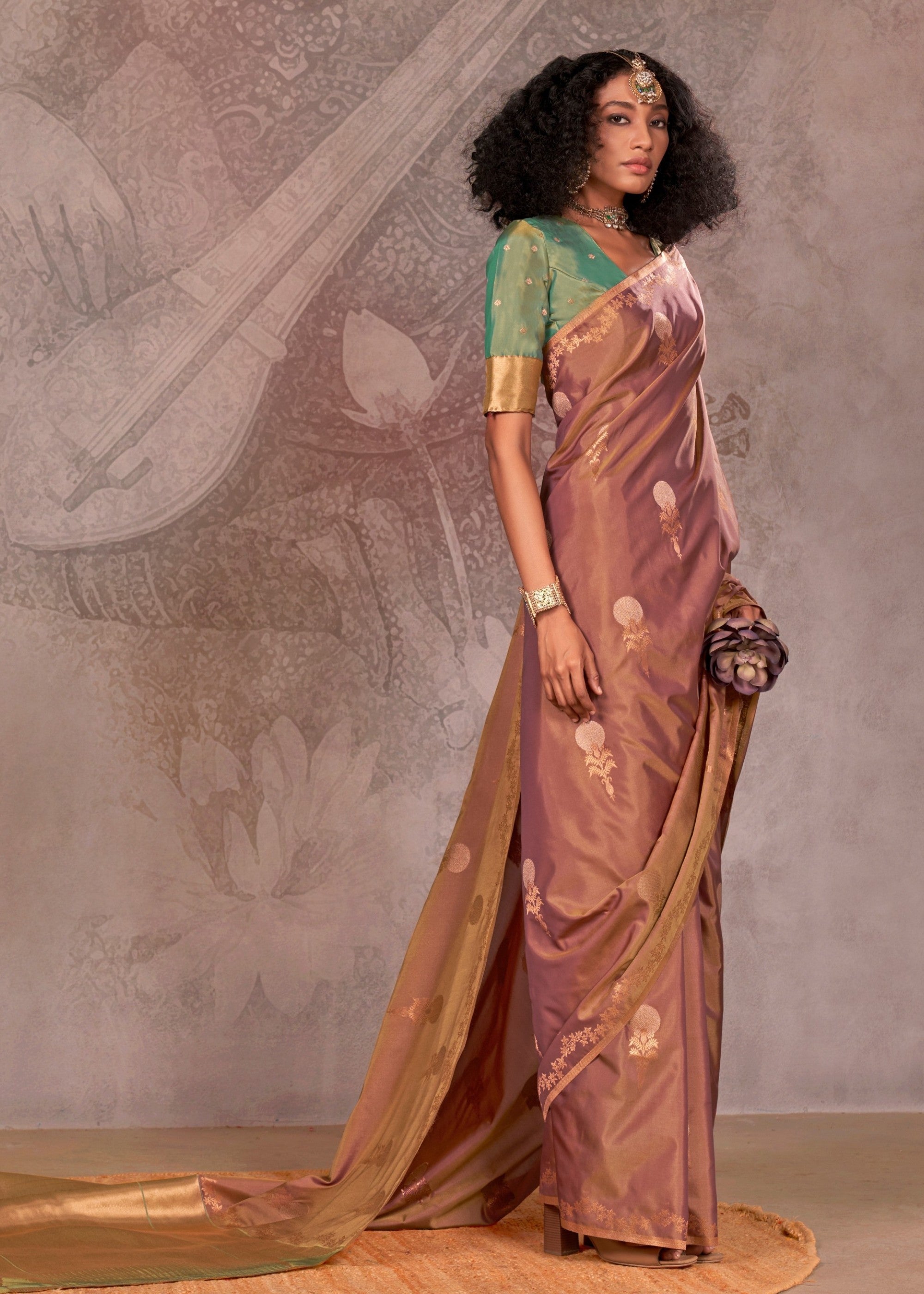 Chestnut Two Tone Handloom Weaving Silk Saree with Contrast Pallu - qivii