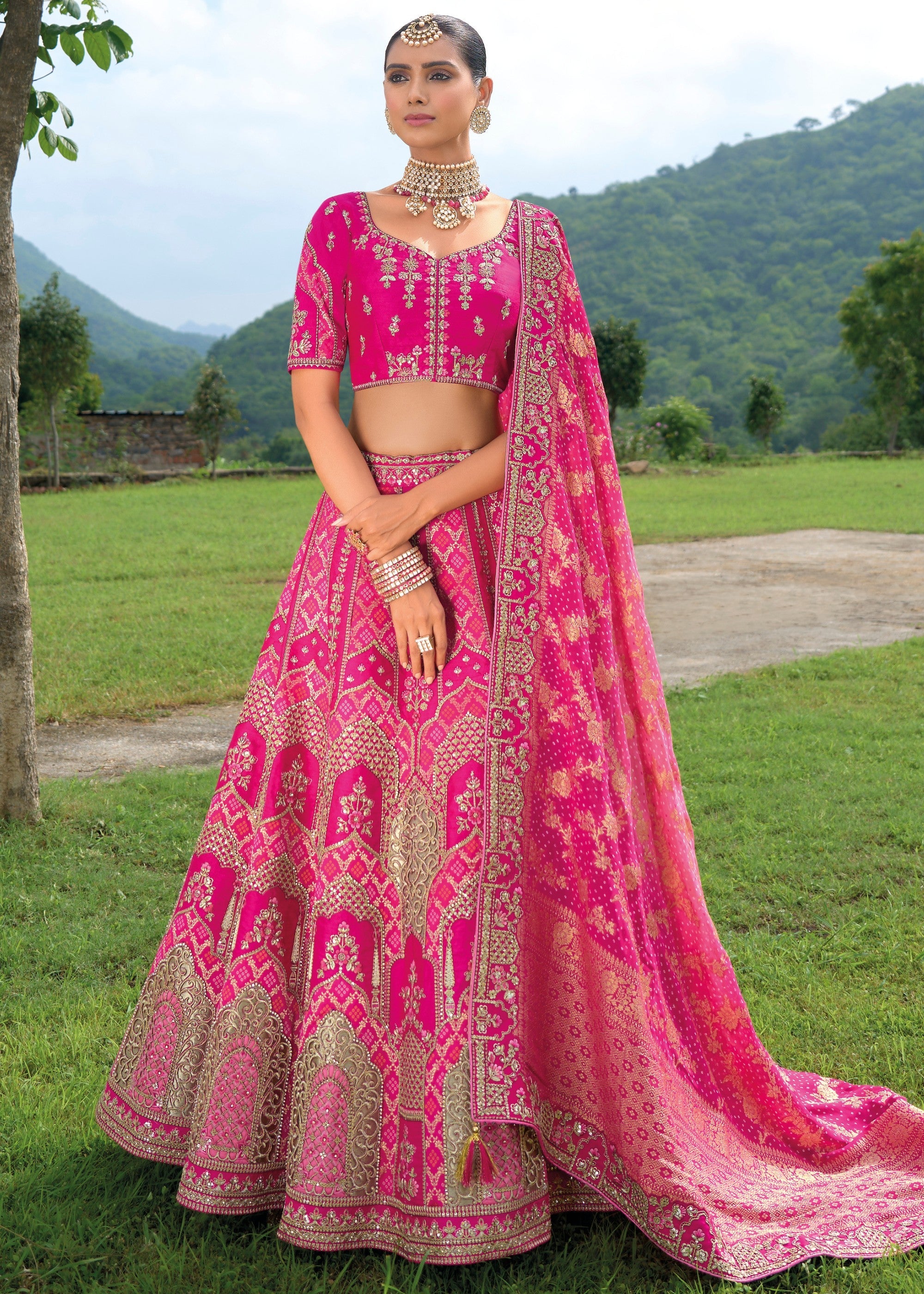 Rani Pink Banarasi Silk Lehenga With Heavy Embroidery Work - qivii