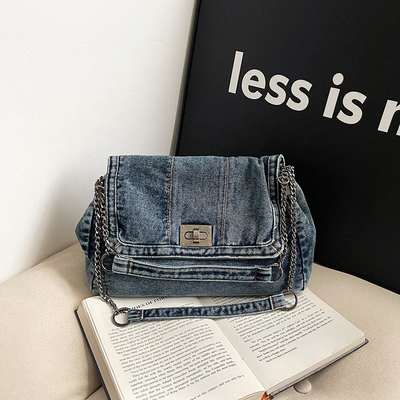 Women's Vintage Denim Tote Bag – Casual Chain Strap Shoulder Bag with Spacious Compartment Retro Commuter Essentials