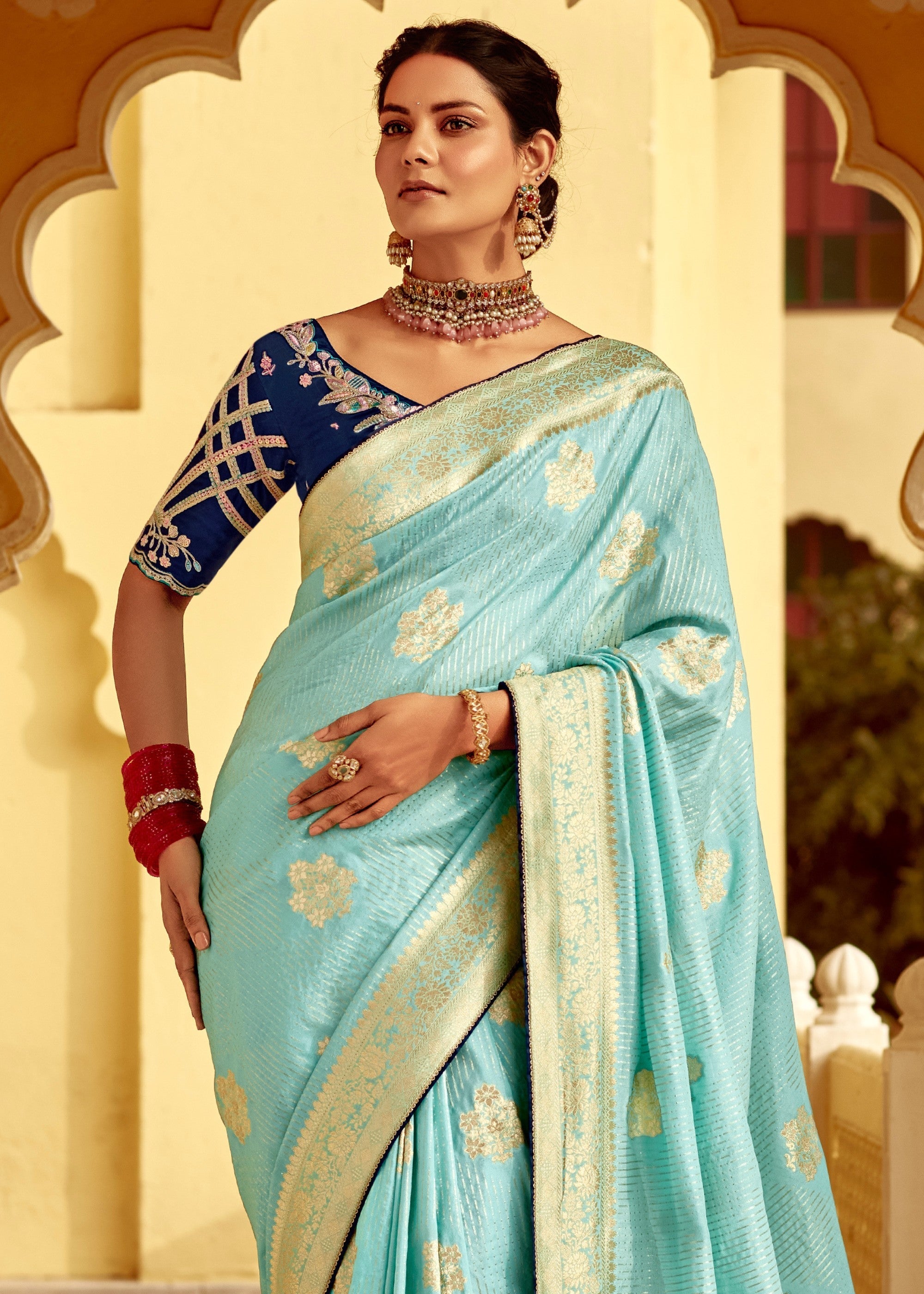 Sky Blue Dola Silk Saree Embellished With Weaving Work And Heavy Embroidered Blouse - qivii