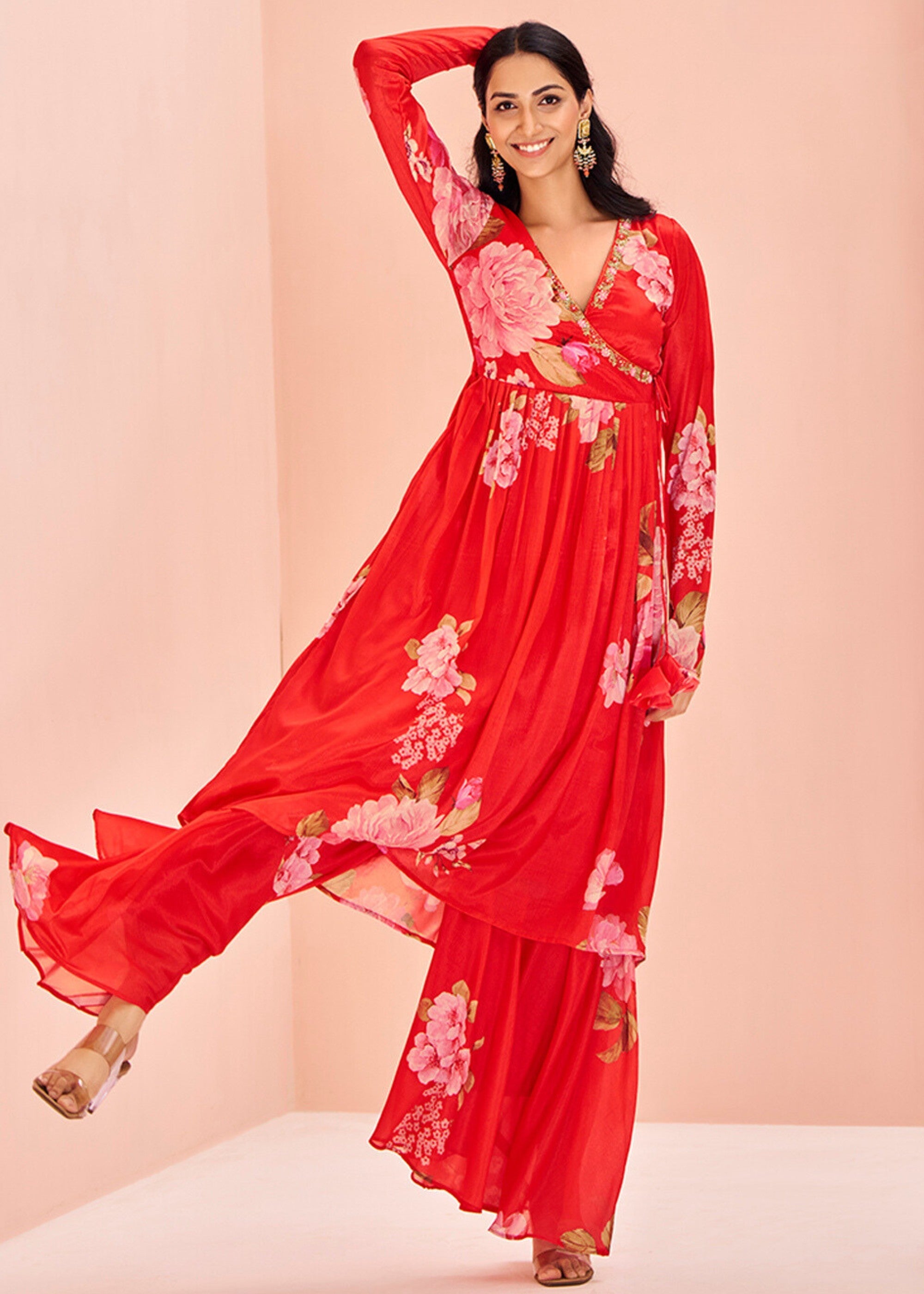 Chinon Red Handwork Kurta with Pant - qivii