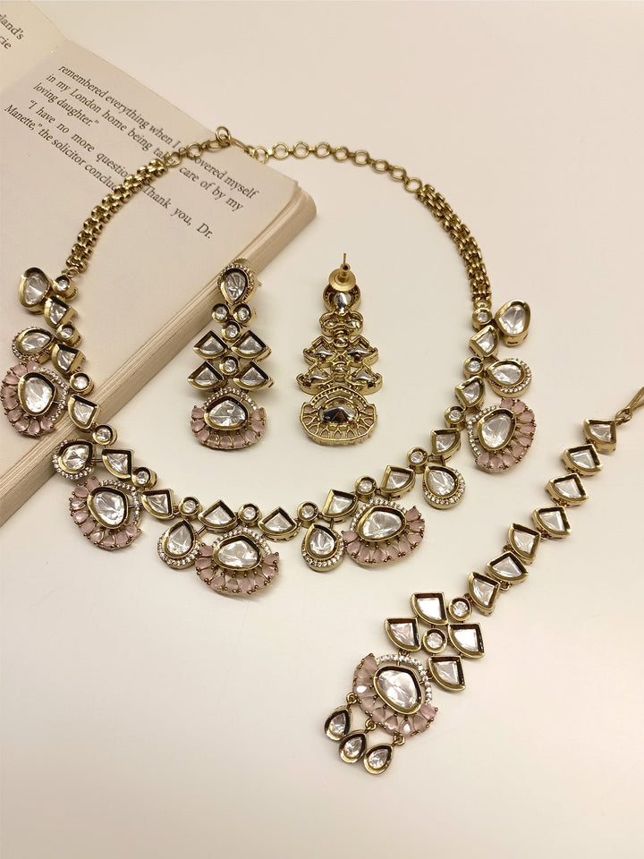 Dhanvanti Baby Pink Diamond Polki Necklace Set