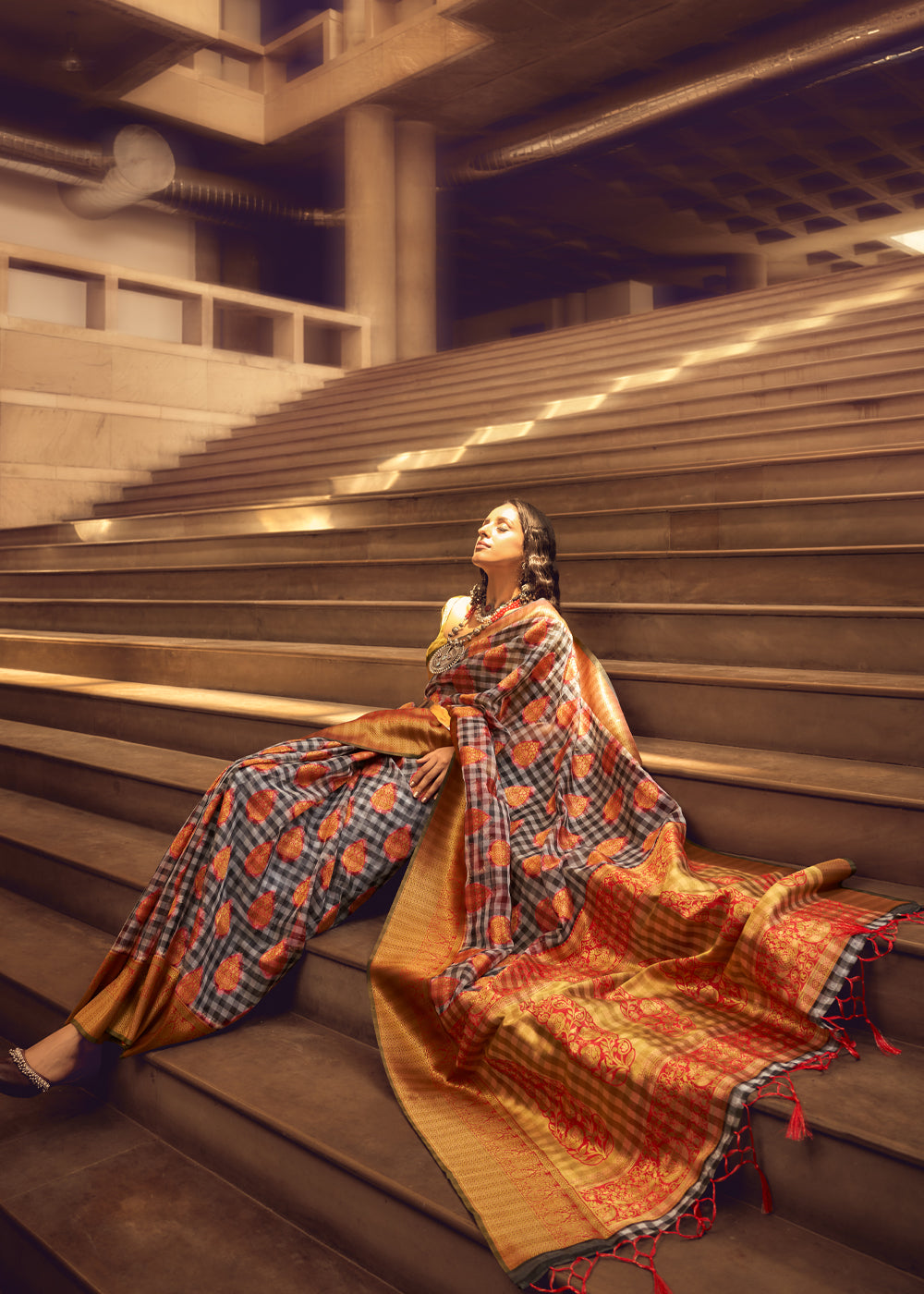 Black and red woven Banarasi organza silk saree with intricate floral motifs