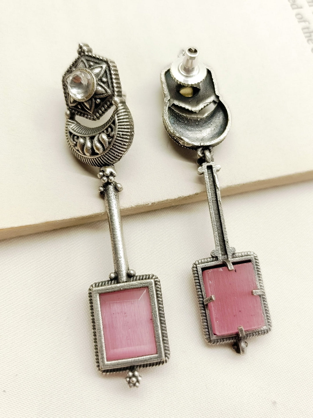 Jharokha Pink German Silver Oxidized Earrings