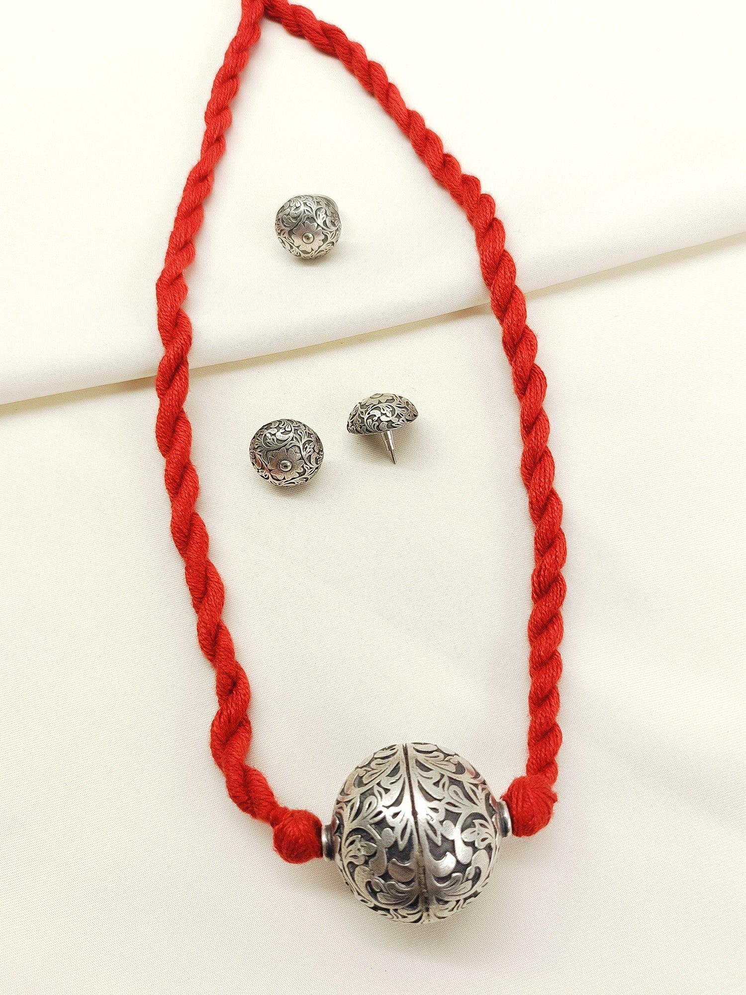 Pearl Red Oxidized Pendant Set With Ring