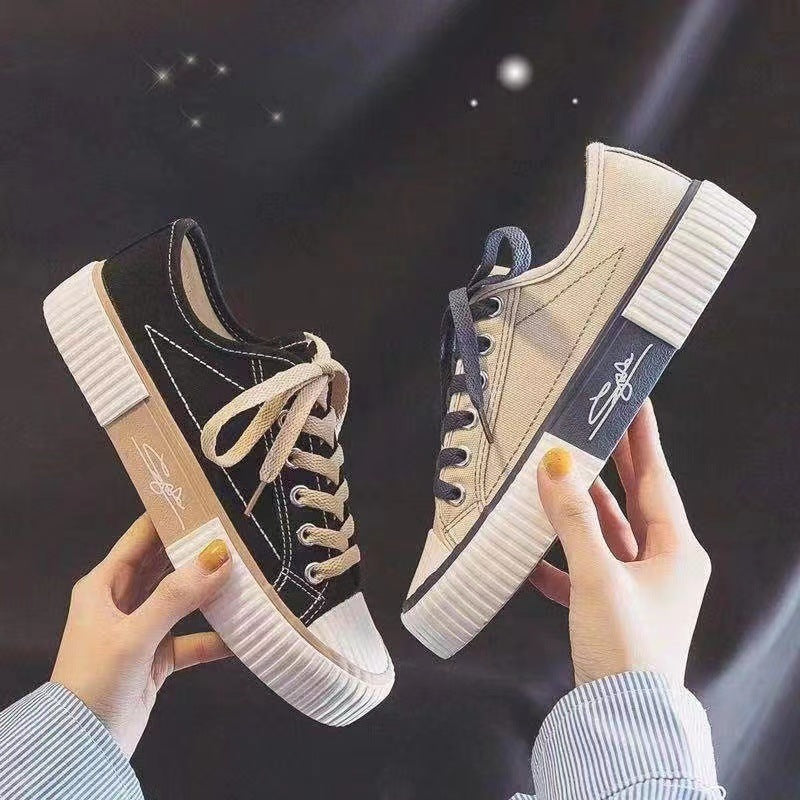 Women's Ravelle Contrast Stitch Sneakers - Chunky Low-Top Canvas Lace-Up Shoes (US 4-8.5)