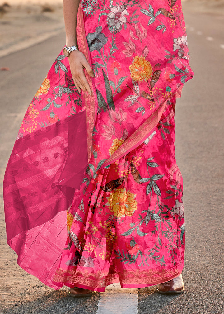 Hot Pink Woven Tussar Silk Saree