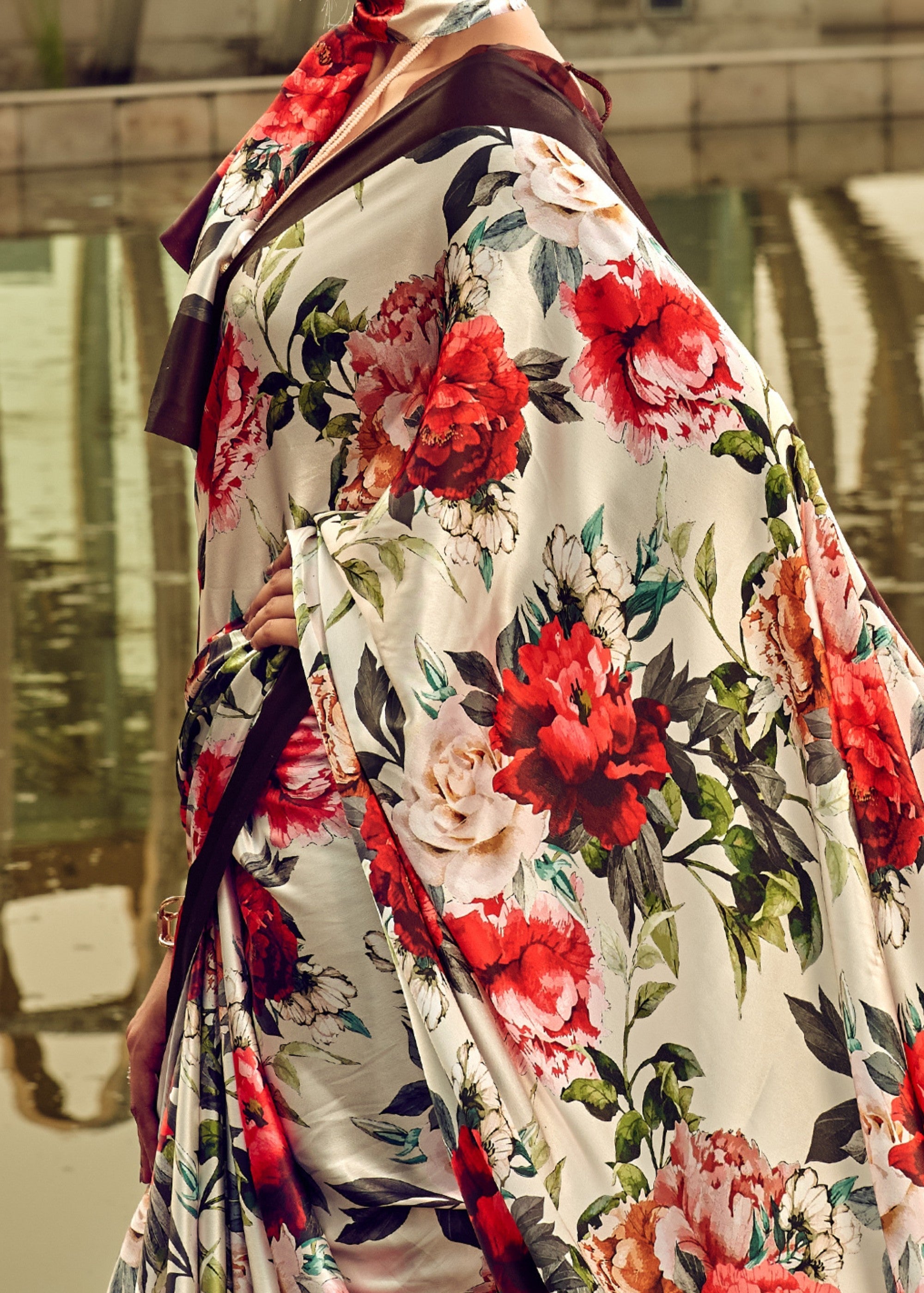 Flower Satin Digital Printed Saree - qivii