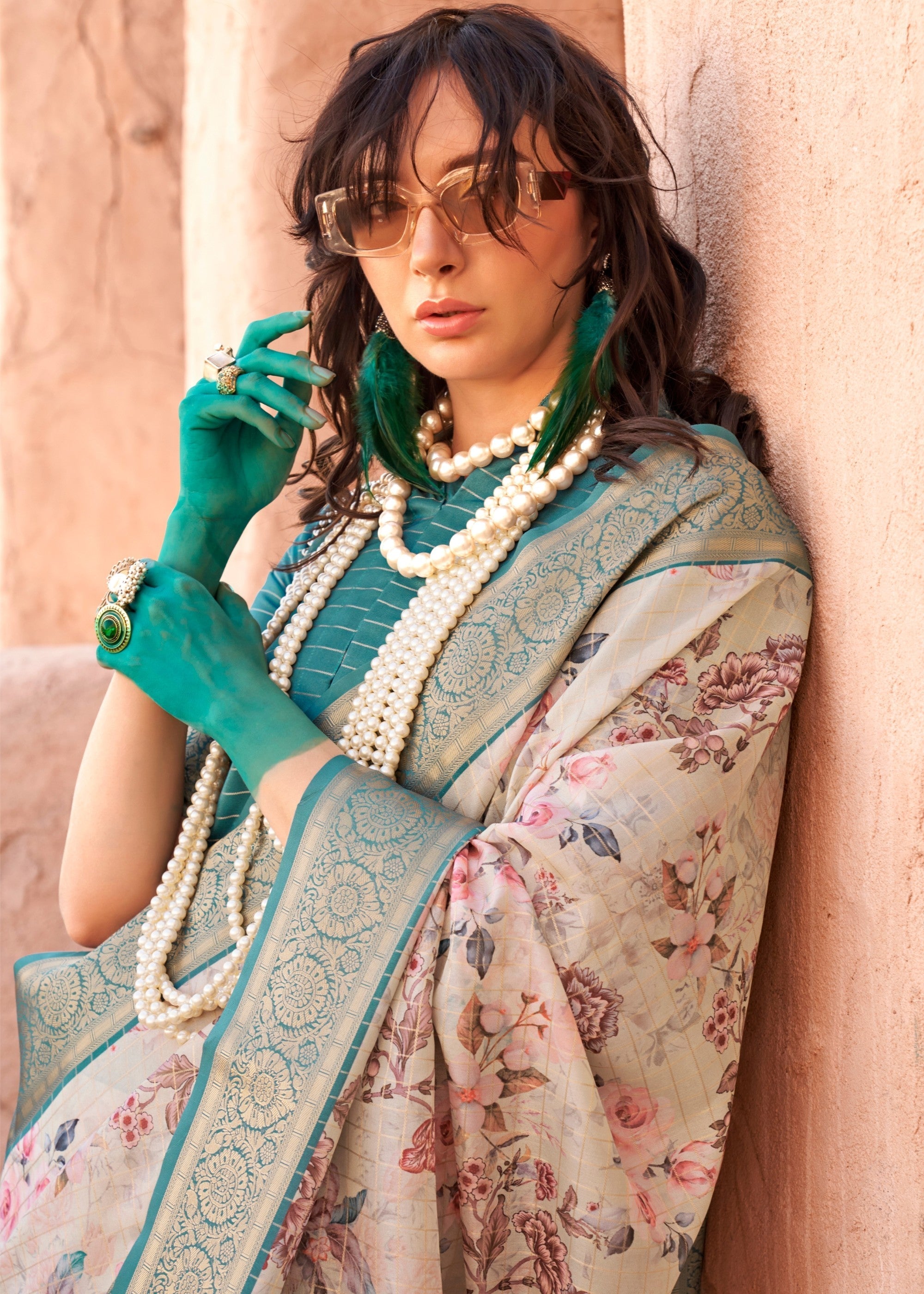 Green & Lavender Printed Handloom Georgette Saree - qivii