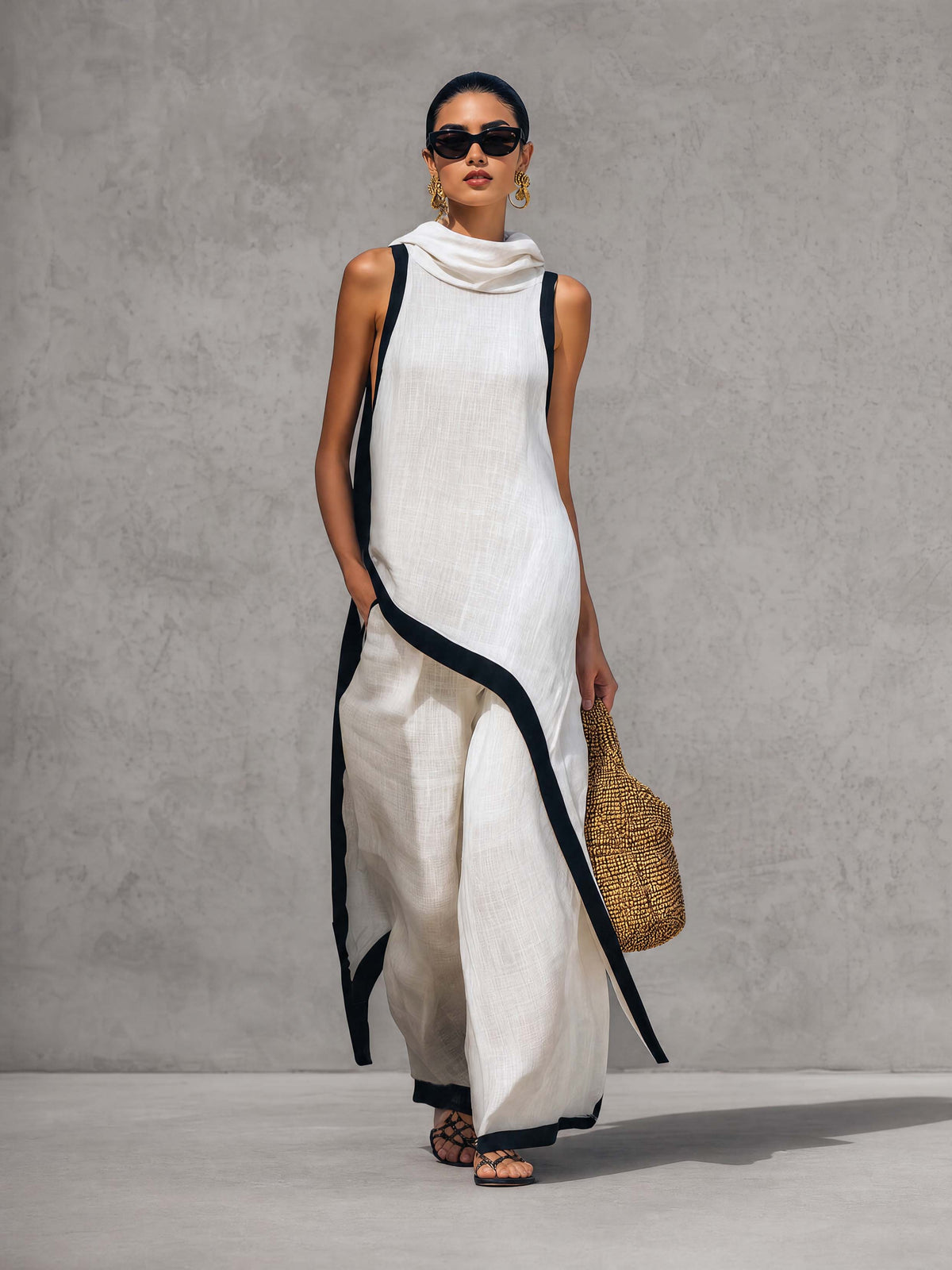 Temperament Casual Hooded White Black Trim White Cotton And Linen Asymmetrical Long Top And Pants Set  - By Qivii