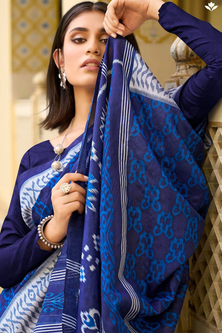 Biscay Blue Handblock Printed Saree