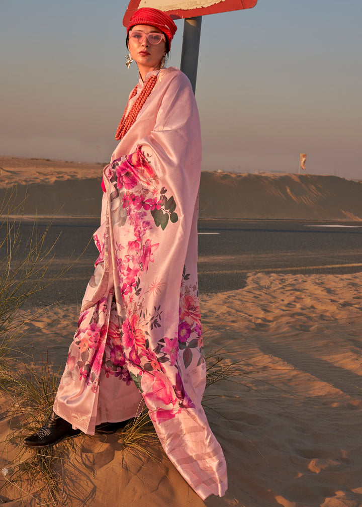 Floral Pink Woven Tussar Silk Saree