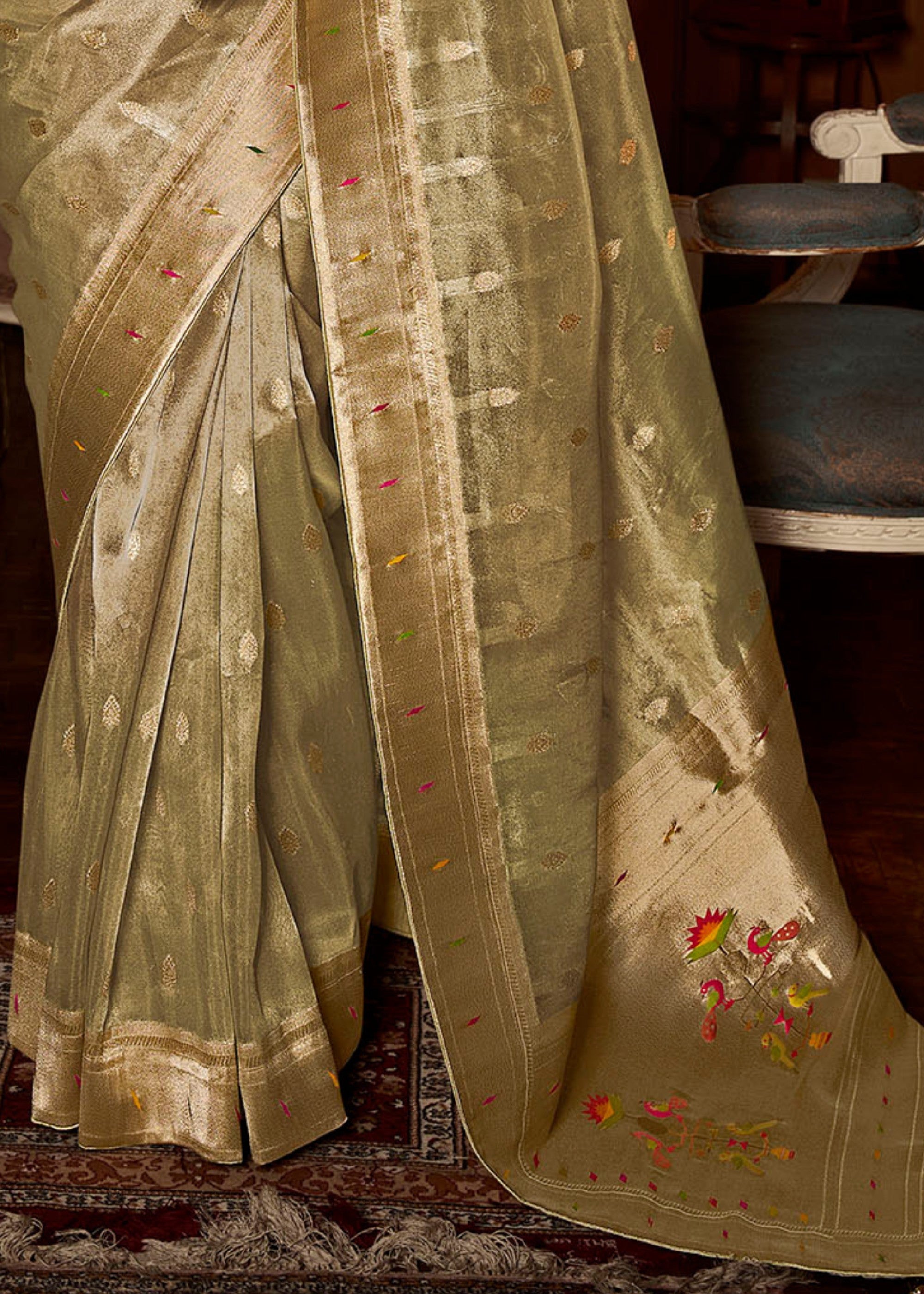 Basil Green Pure Tissue Paithani Silk Saree with Heavy Designer Embroidered Blouse - qivii