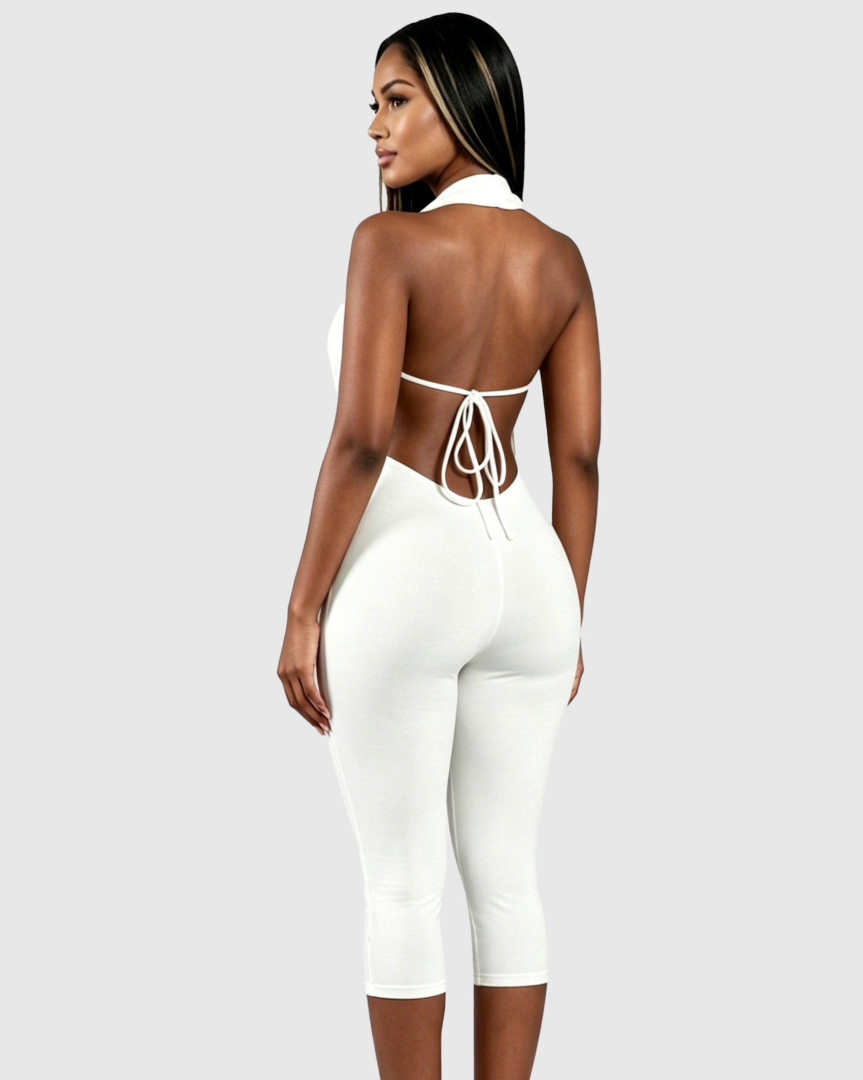 V Neck Halter Open Back Tie Capri Jumpsuit  - By Qivii