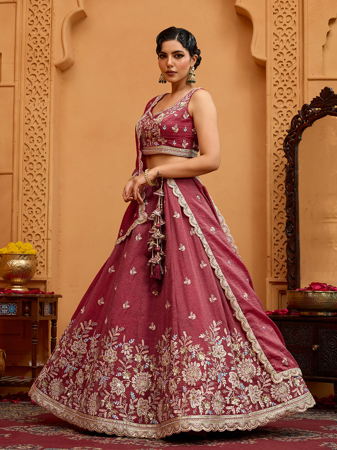 Rosegold- Tissue Fabric Sequins embroidery Semi-Stitched Lehenga & Unstitched Blouse With Dupatta - qivii