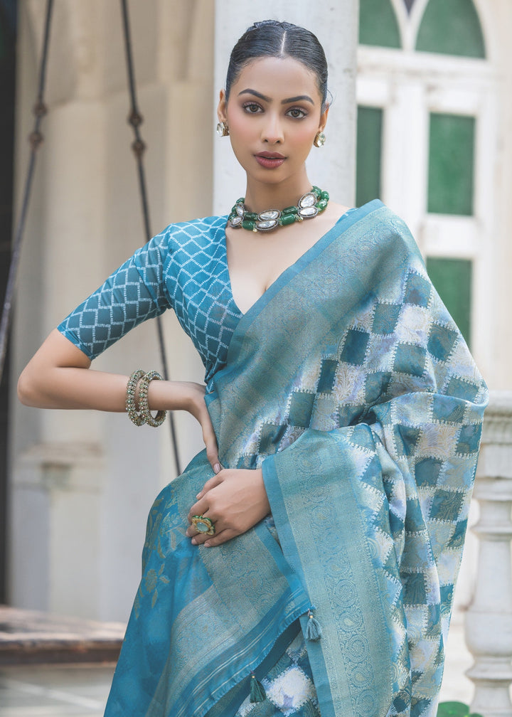 Azure Blue Woven Silk Saree with Contrast Pallu