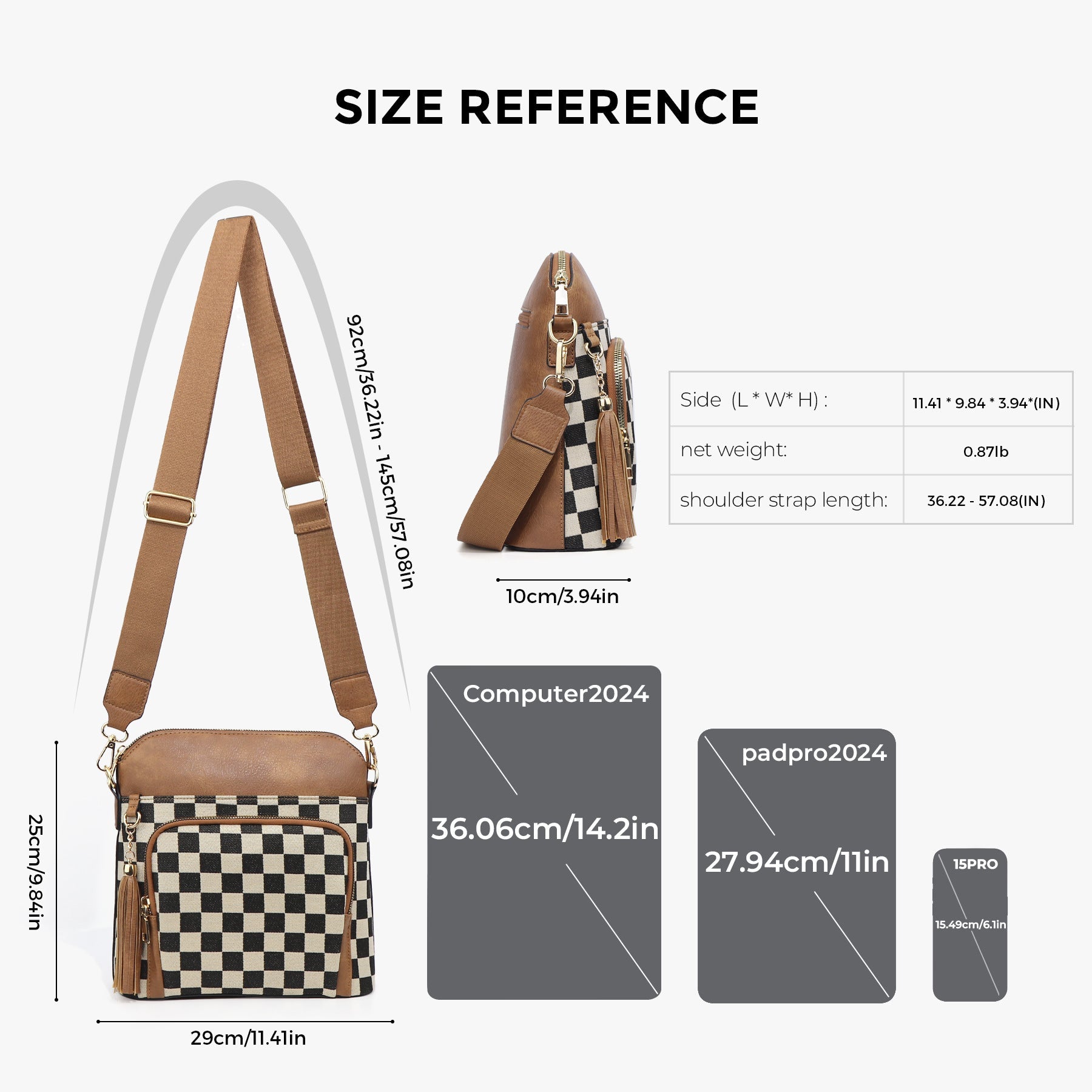 Ounamei Checkered Crossbody Bag in PU Leather & Canvas | Lightweight Shoulder Bag for Women