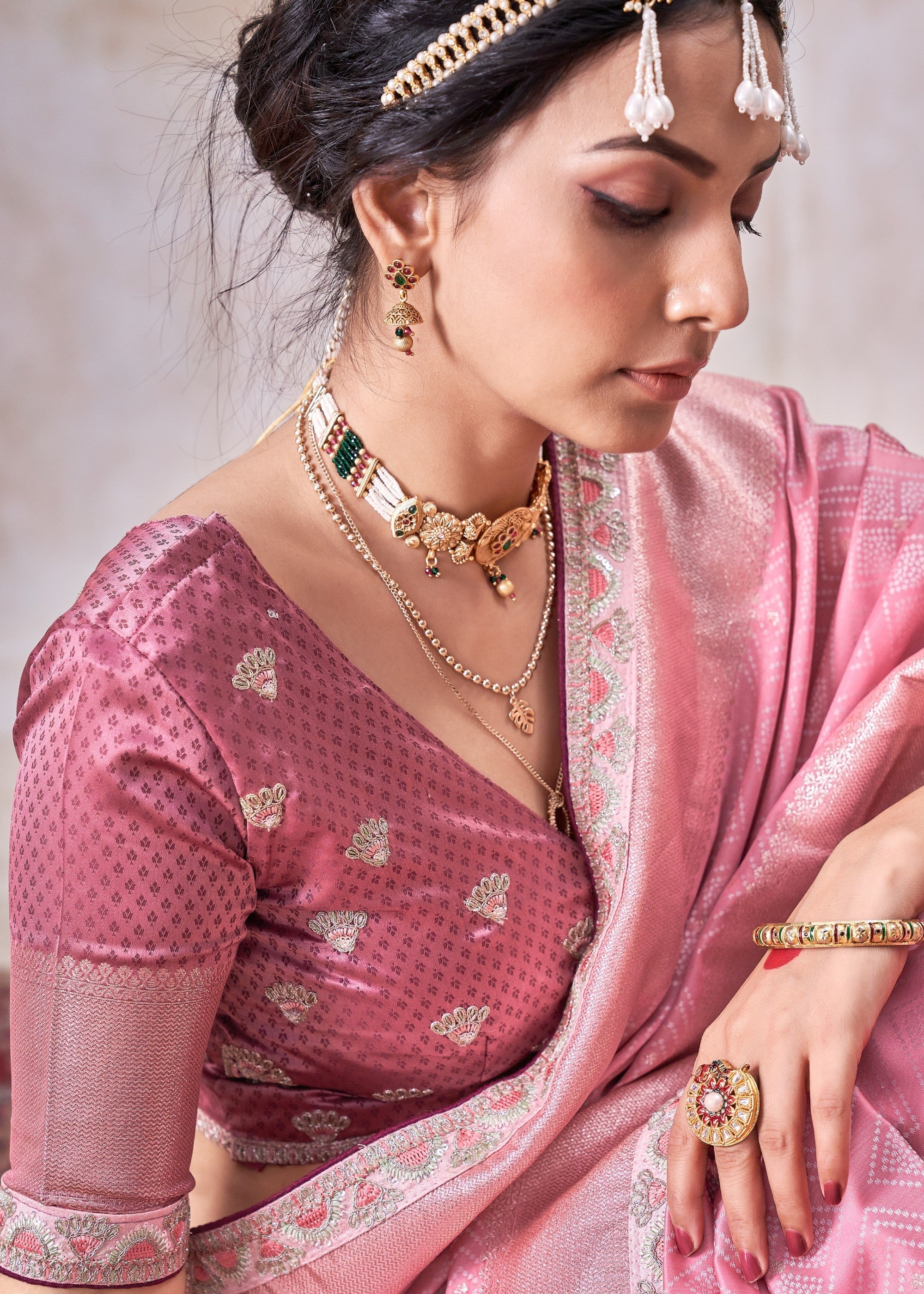 Blush Pink Satin Silk Saree With Heavy Embroidery Lace & Blouse - qivii