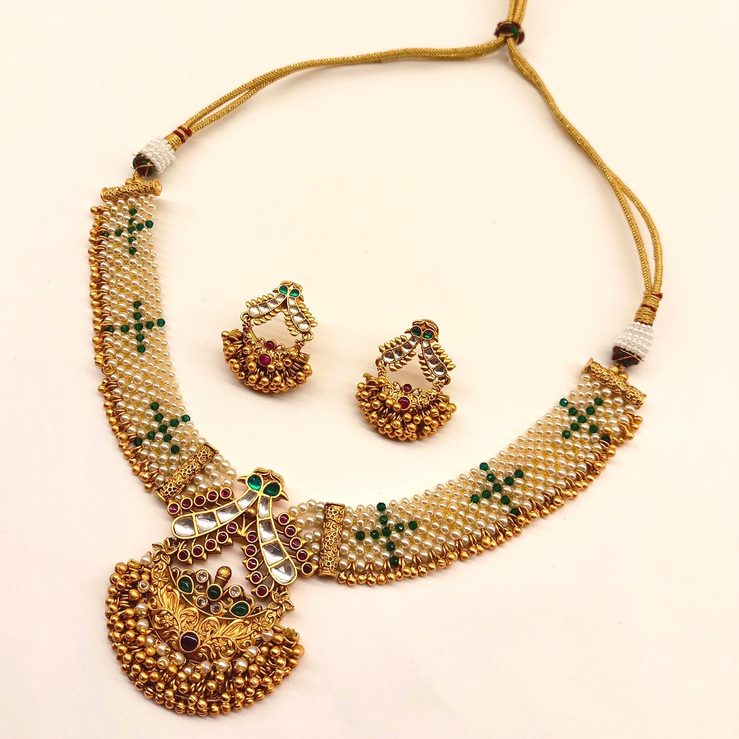 Adrika Rose Pink & Green Stone Temple Work Gold Plated Antique Set - qivii