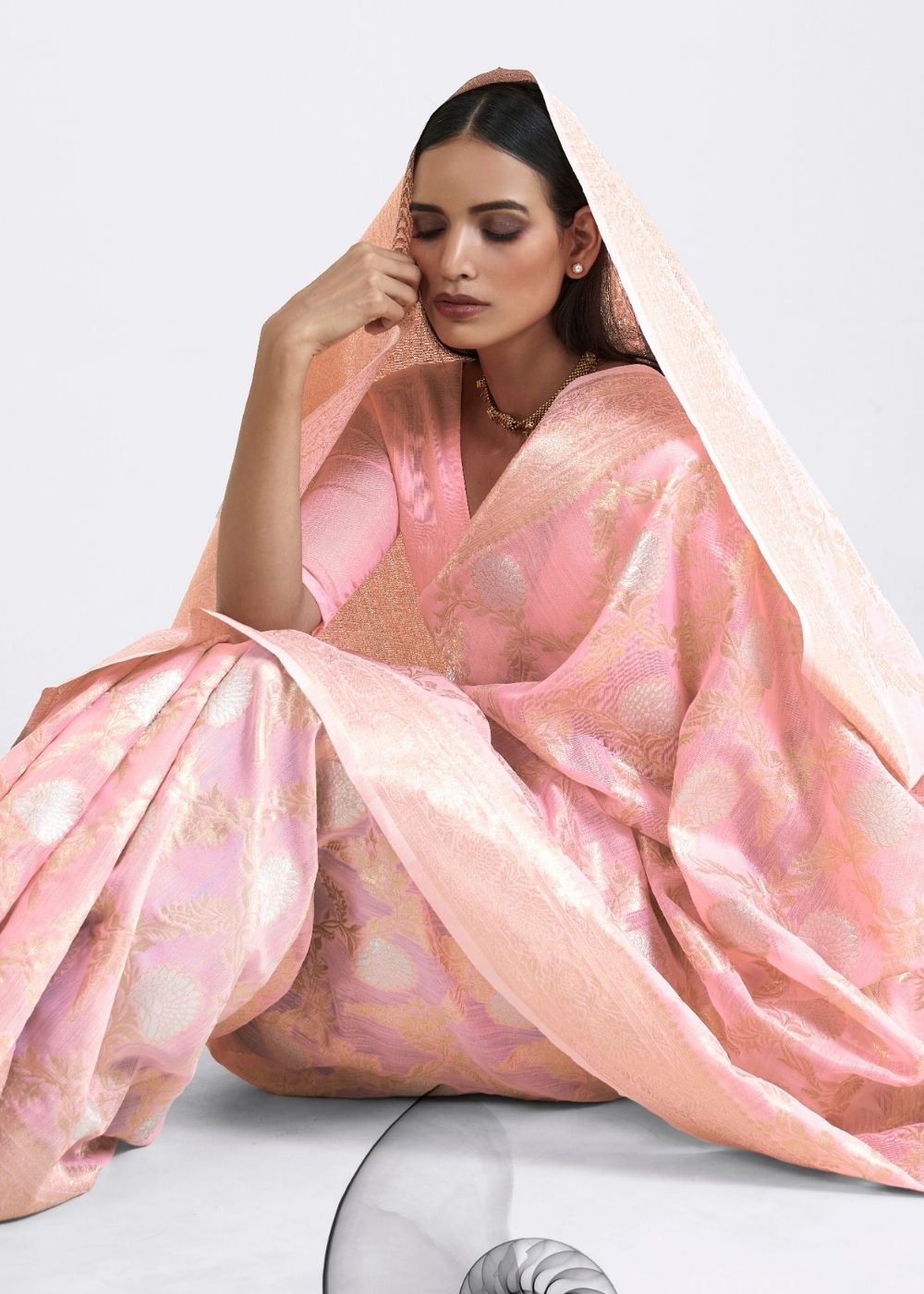 Rose Pink Zari Woven Linen Silk Saree