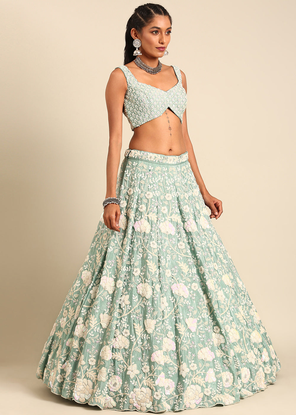 Emerald Green Georgette lehenga Choli with Sequins & Zarkan Embroidery | Ready To Wear - qivii