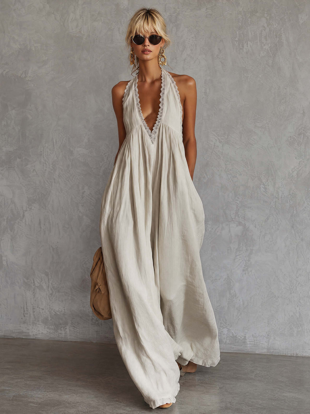 Off-white cotton maxi dress by Oyrosy Clothing featuring bohemian style, V-neck, lace trim, sleeveless, perfect for casual or summer wear.