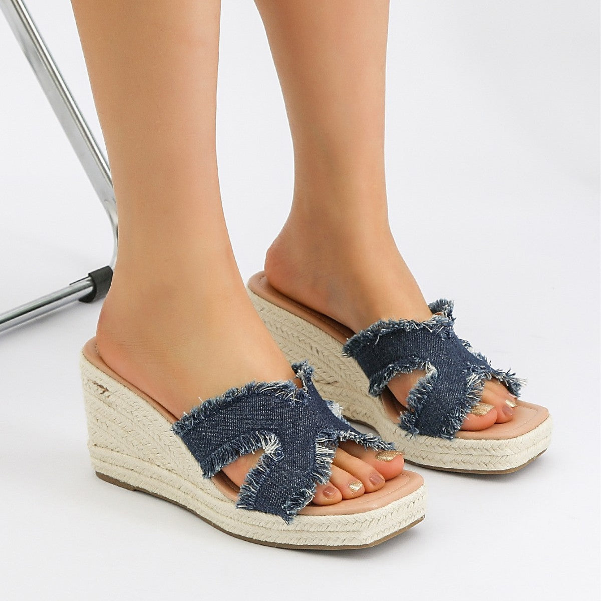Women's Maren Frayed Denim Espadrille Wedge Slide Sandals - Coastal Platform Summer Shoes (US 4-10.5)