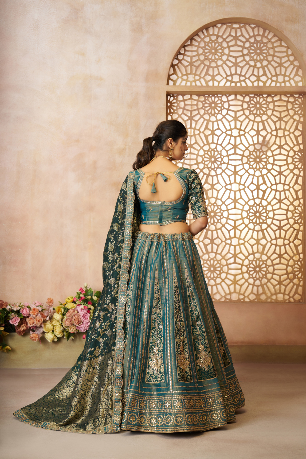Regal Green Tissue Base Bridal Lehenga with Banarasi Patches and Zari Work - qivii