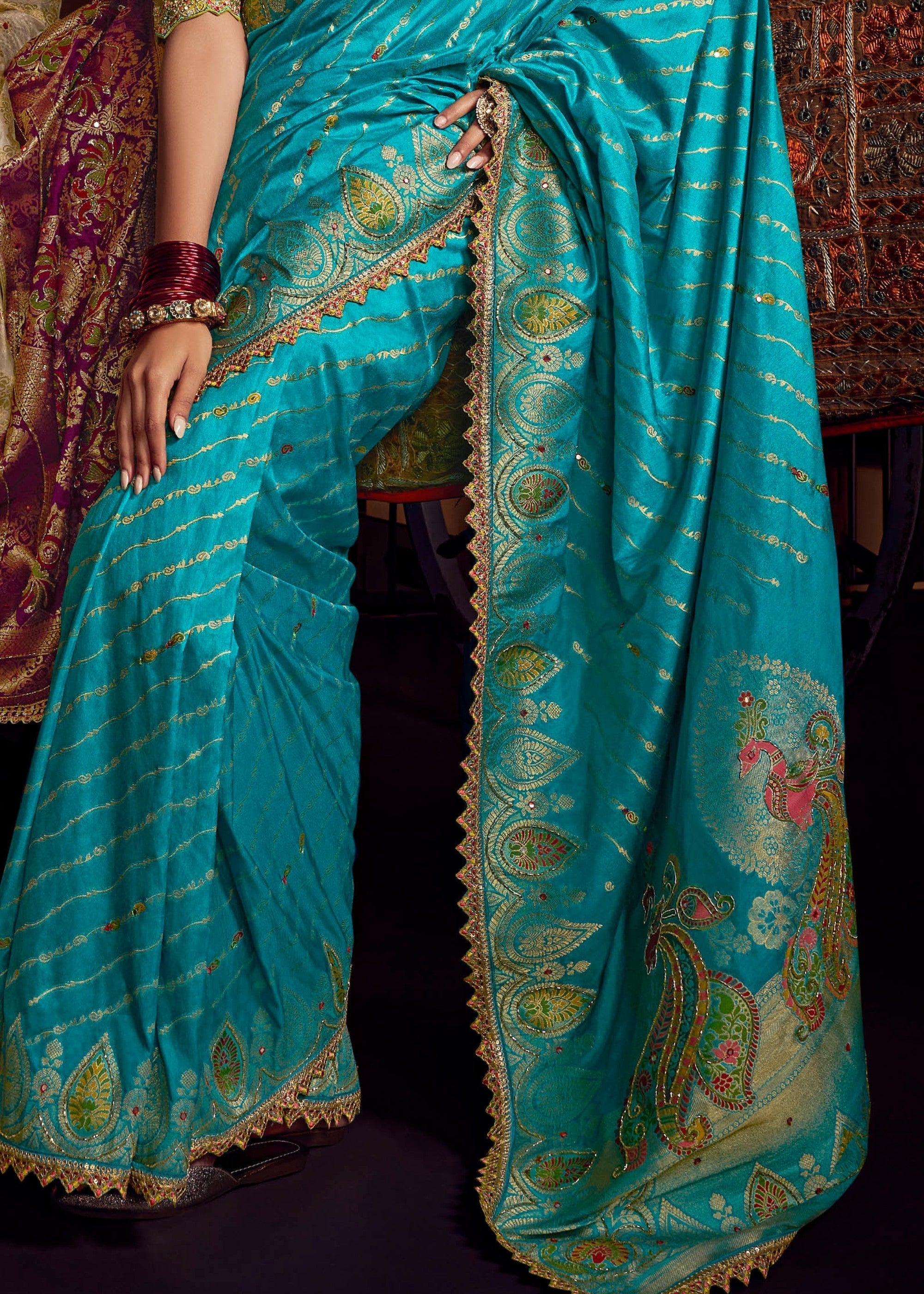 Cyan Blue Pure Viscose Dola Silk Saree With Handwork On Blouse And Pallu - qivii