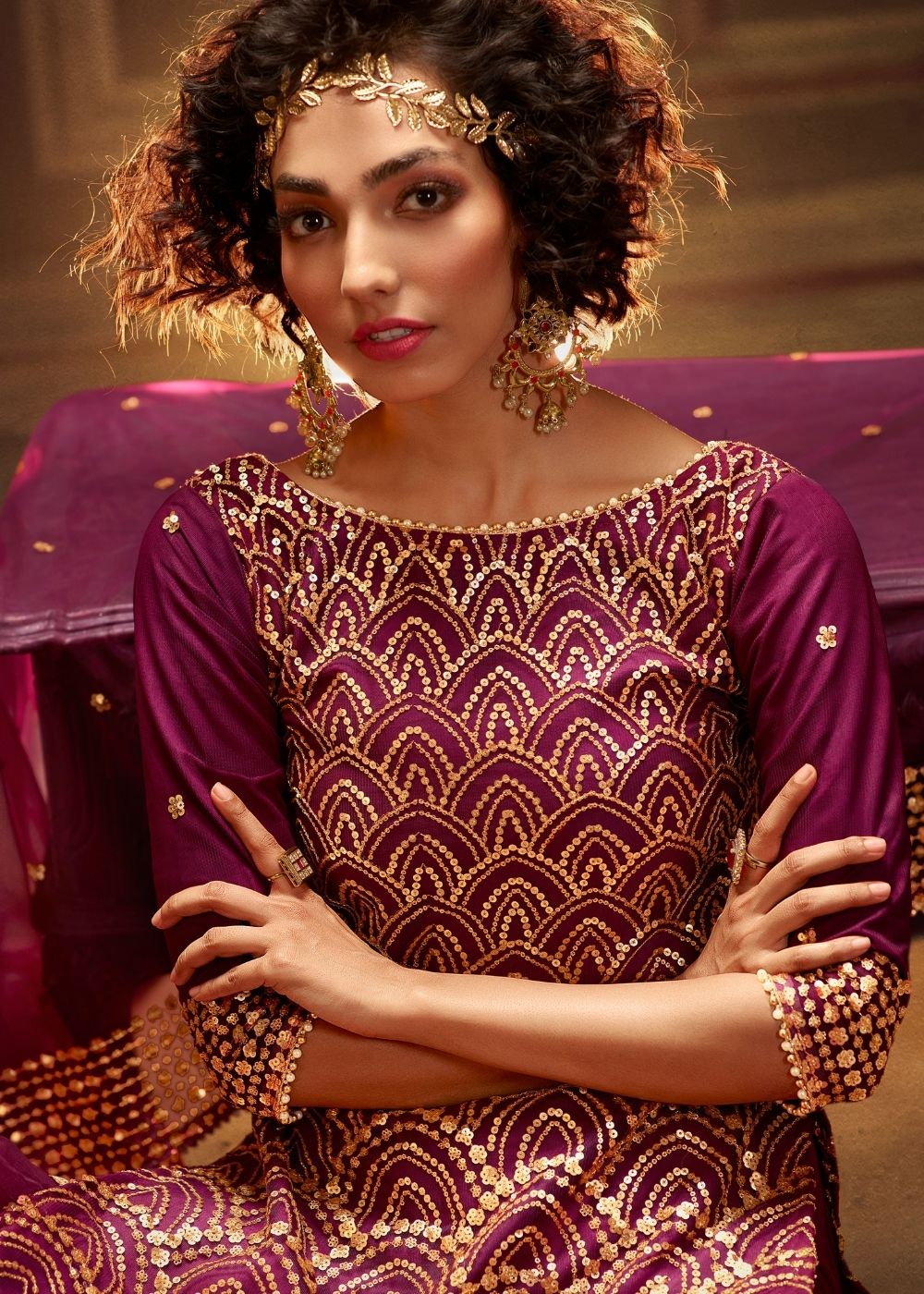 Wine Designer Soft Net Sharara Suit with overall Sequins work By Qivii