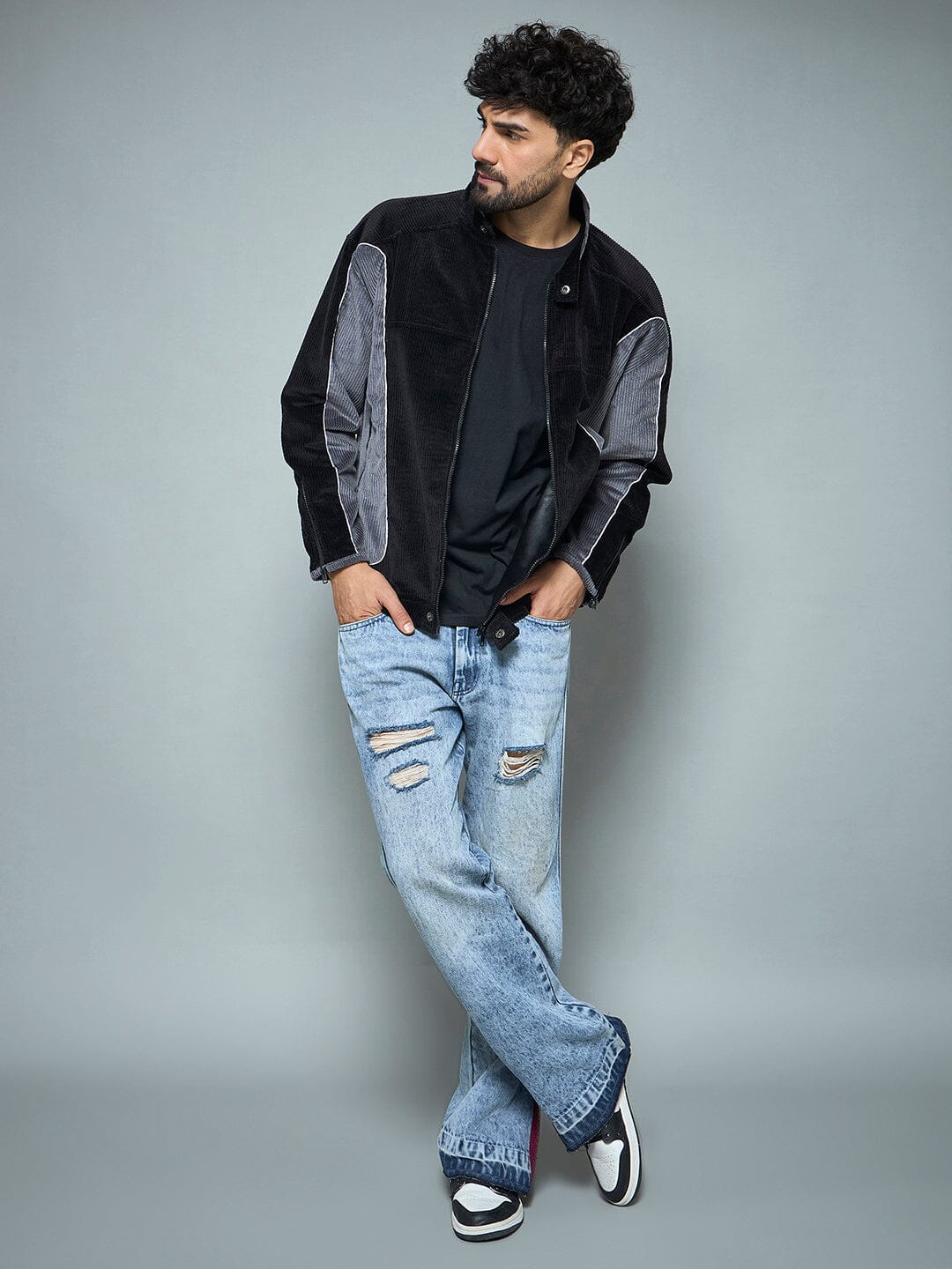 Black & Grey Corduroy Moto Jacket