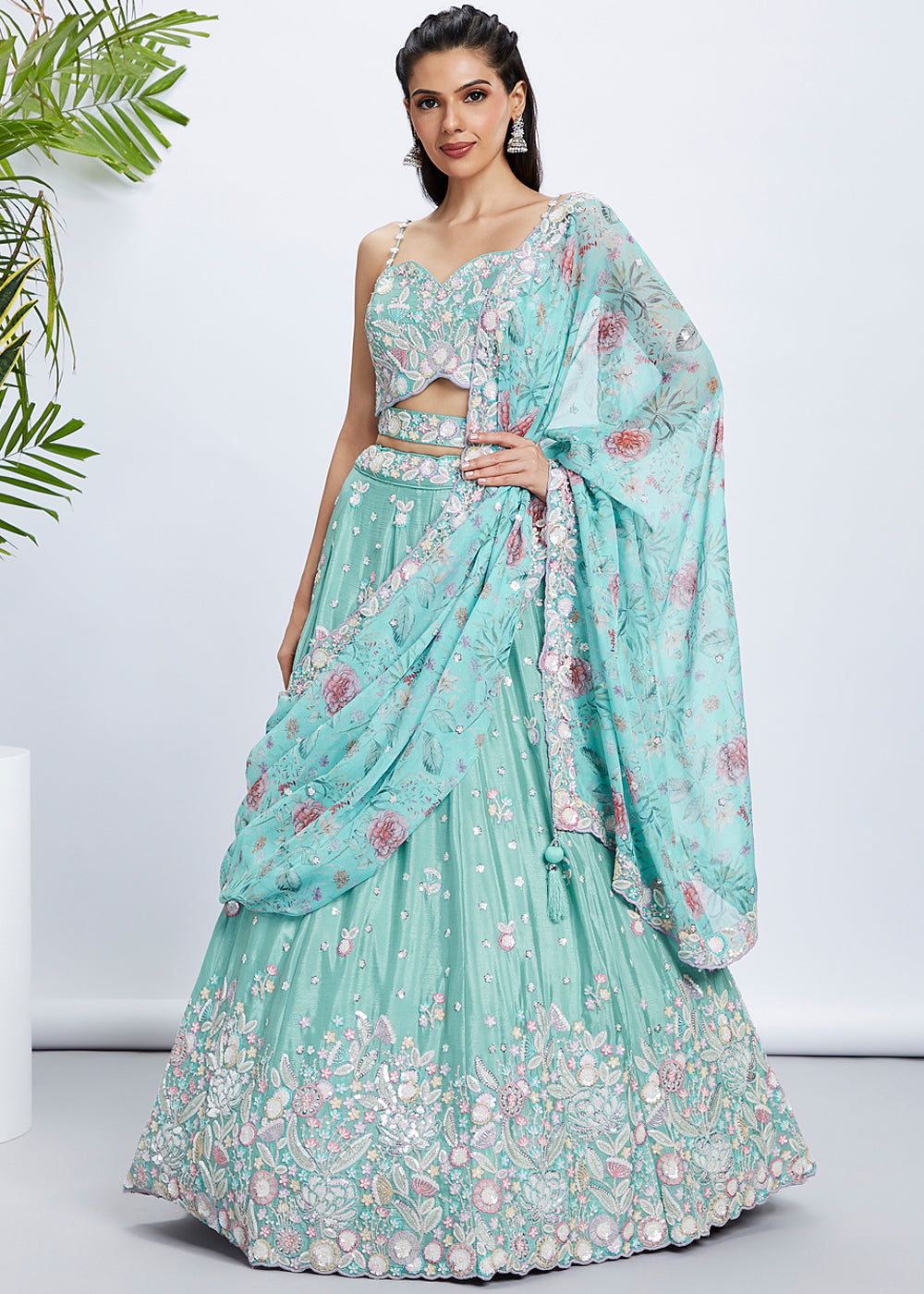 Blue Green Chiffon Lehenga Choli with Sequins & Thread Embroidery work | Ready To Wear - qivii