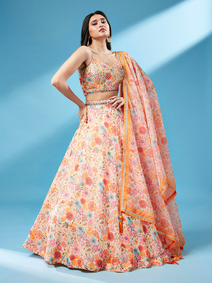 Orange Organza Floral Printed Stitched Lehenga choli