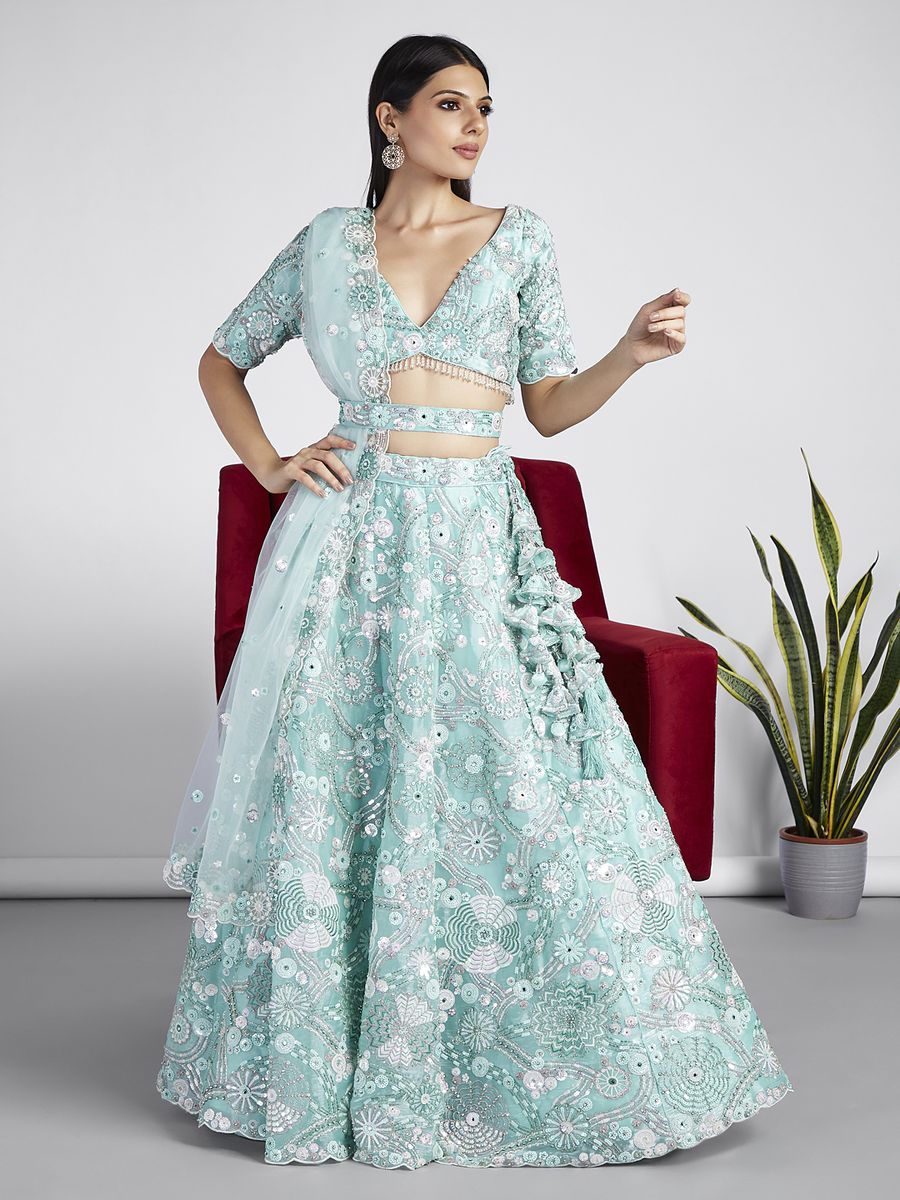 Turquoise blue Organza Sequins, Zarkan and thread embroidery Semi-Stitched Lehenga choli & Dupatta