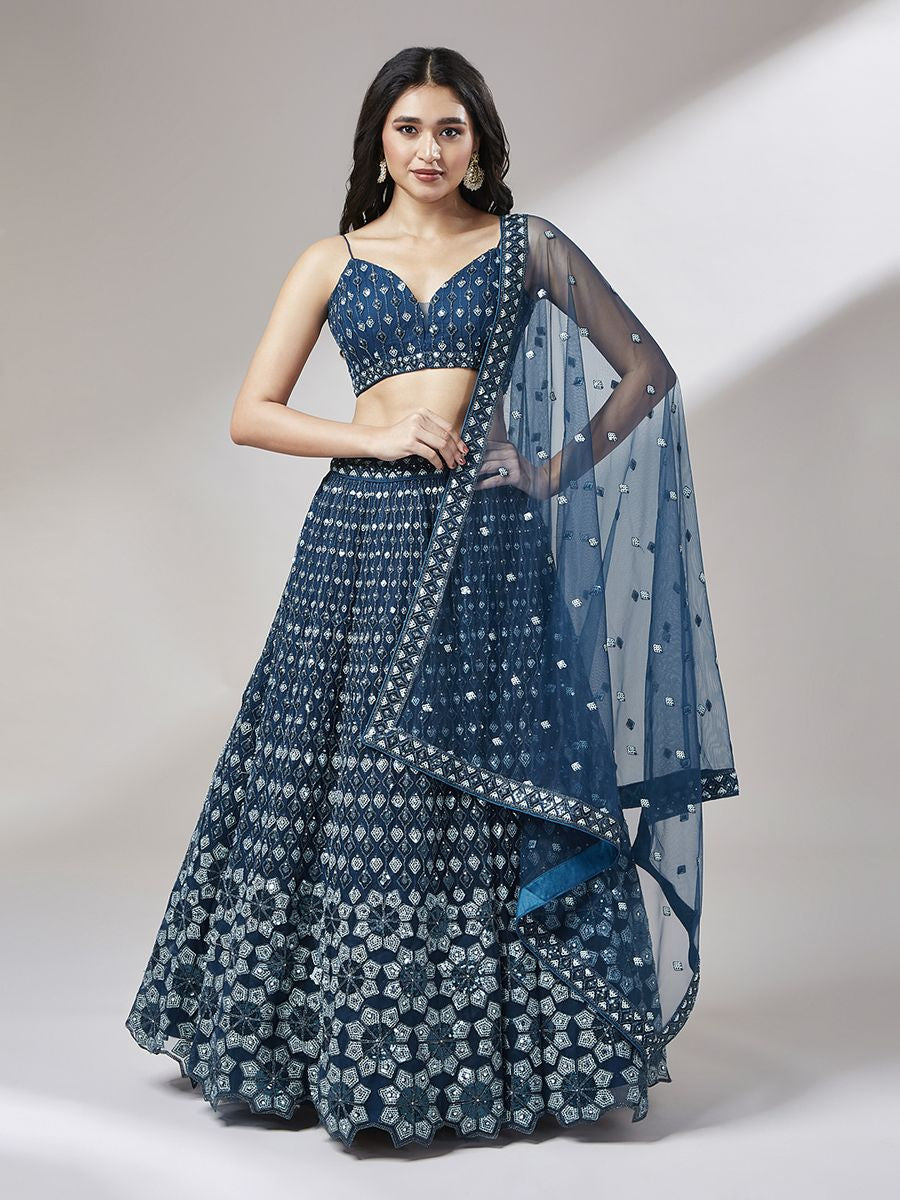 Navy Blue - Heavy Sequins Embroidered Net Semi-Stitched Lehenga choli